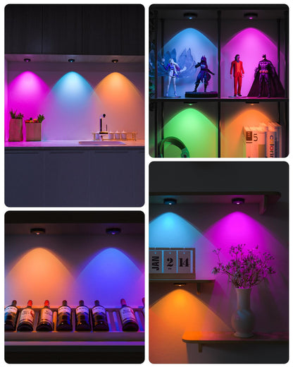 WILLED Rechargeable RGB Puck Lights with Remote Control, 1200mAh Battery Operated Tap Lights, Dimmable Touch Under Cabinet Lighting, Wireless Push Light, LED USB Shelf Light (6 Pack)