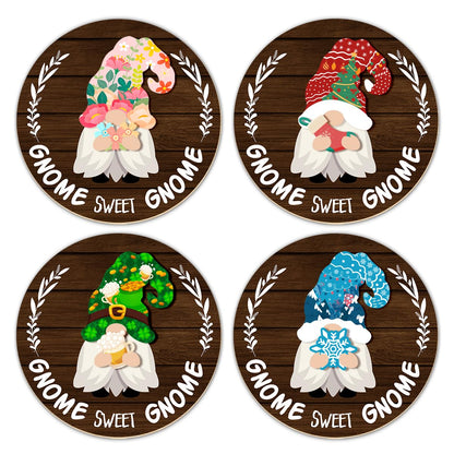 Interchangeable Gnome Welcome Sign Summer Patriotic 4th of July Door Decoration, Changeable Front Porch Decor Wood Wreath Gnomes Gifts for Spring Fall Winter All Seasons Holiday, Antique Brown