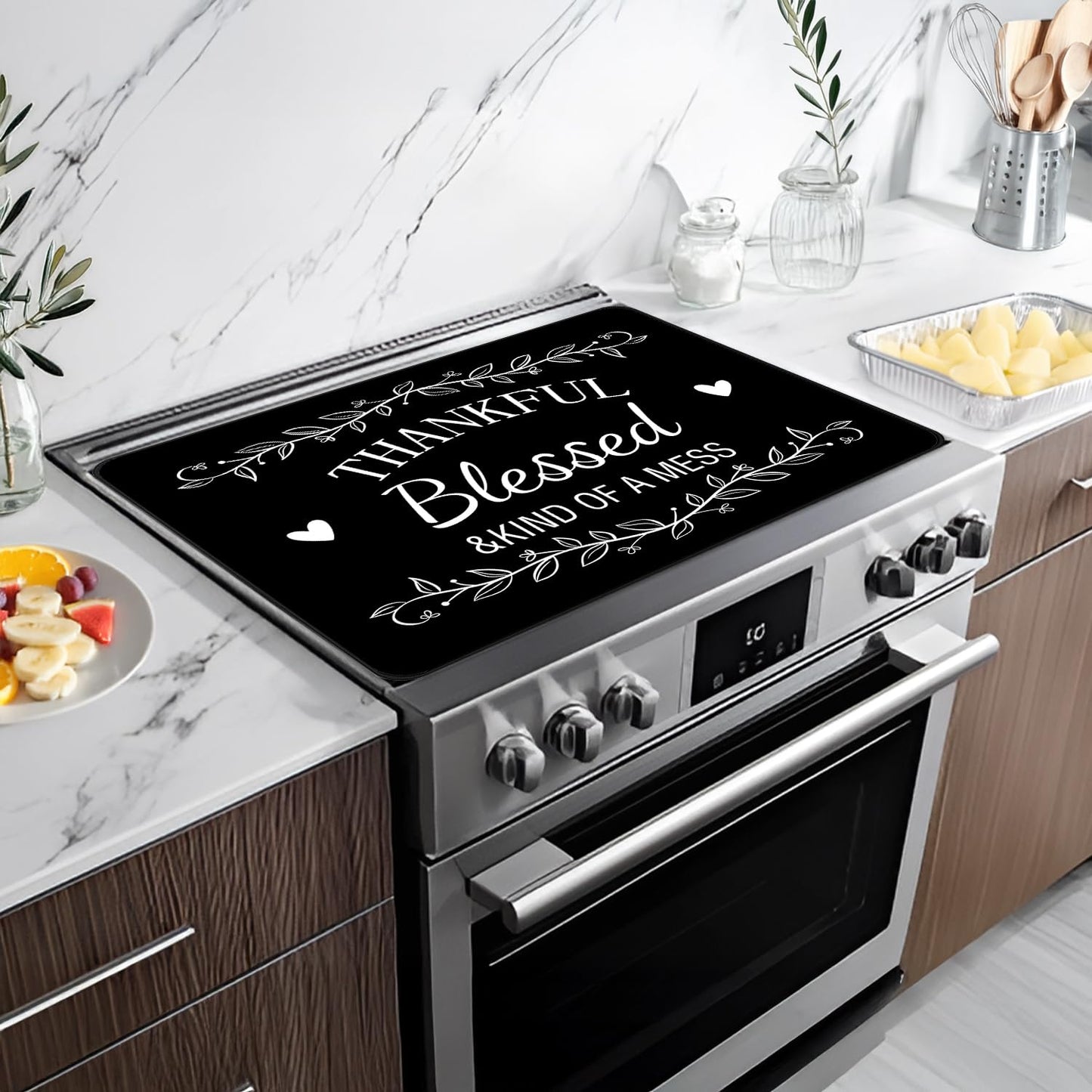 Funny Stove Top Cover for Electric Stove, Black Range Covers, Thanksgiving Range Top Mats, Thankful Blessed Cooktop Cover 28x20 inch, Glass Cooktop Covers for Kitchen Holiday Home Decor