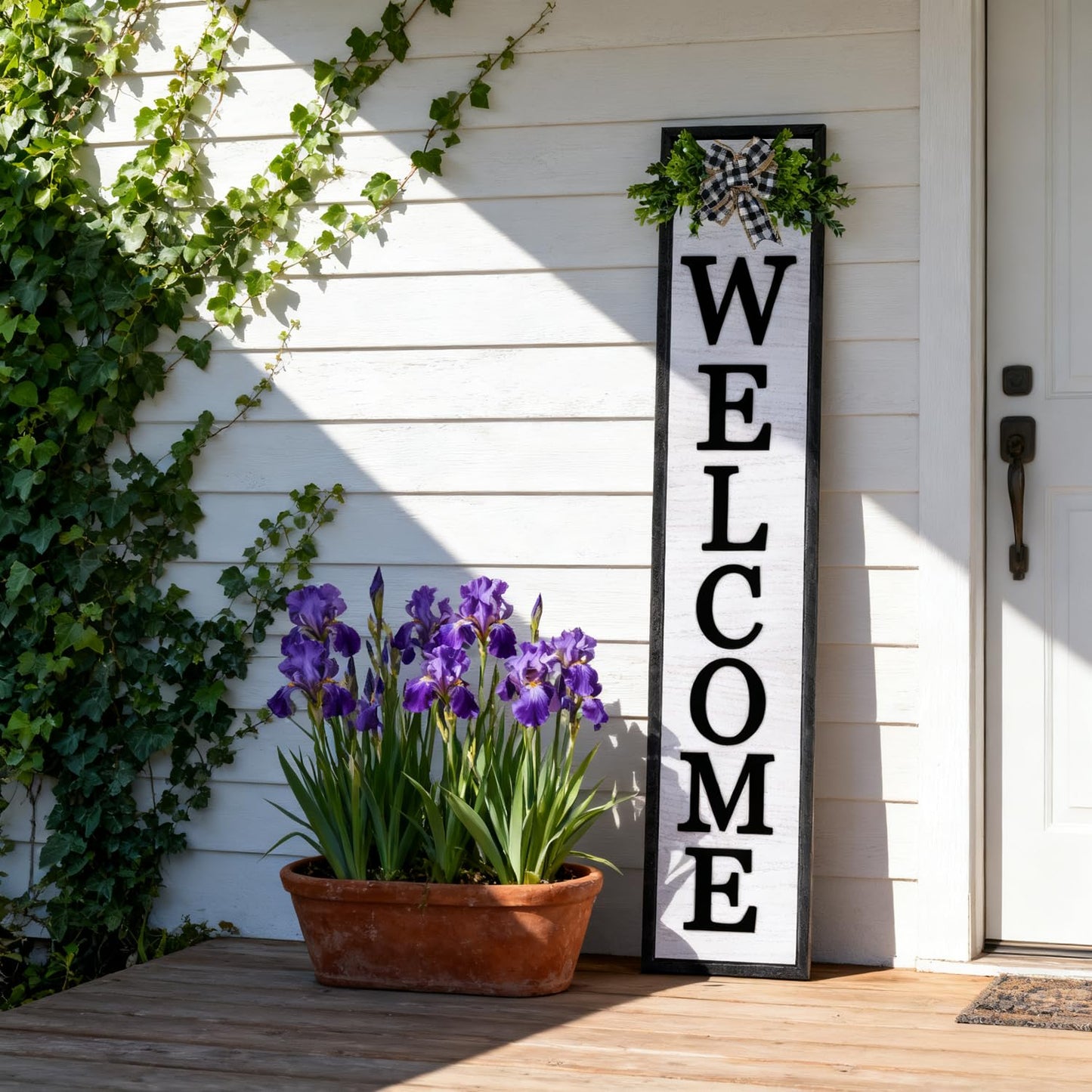 3D Outdoor Welcome Sign for Front Porch Standing 45"X9" Large Rustic Farmhouse Leaner Tall Vertical Soild Wooden Framed Plaque Modren Beautiful Outside Home Front Door Decorations (Black)