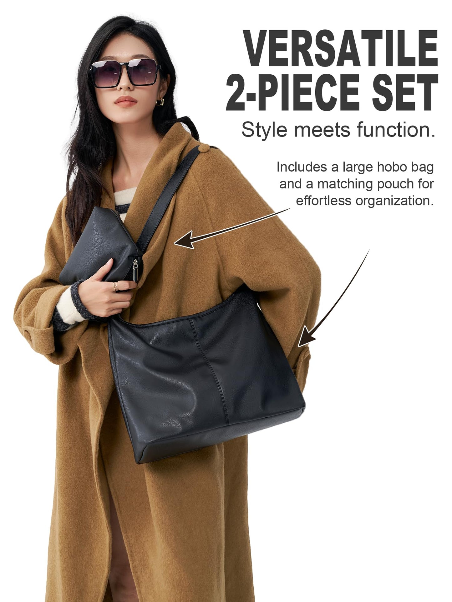 Hobo Bag for Women, Soft Vegan Leather Slouchy Shoulder Tote Purse with Matching Pouch, Adjustable Strap & Magnetic Closure Black
