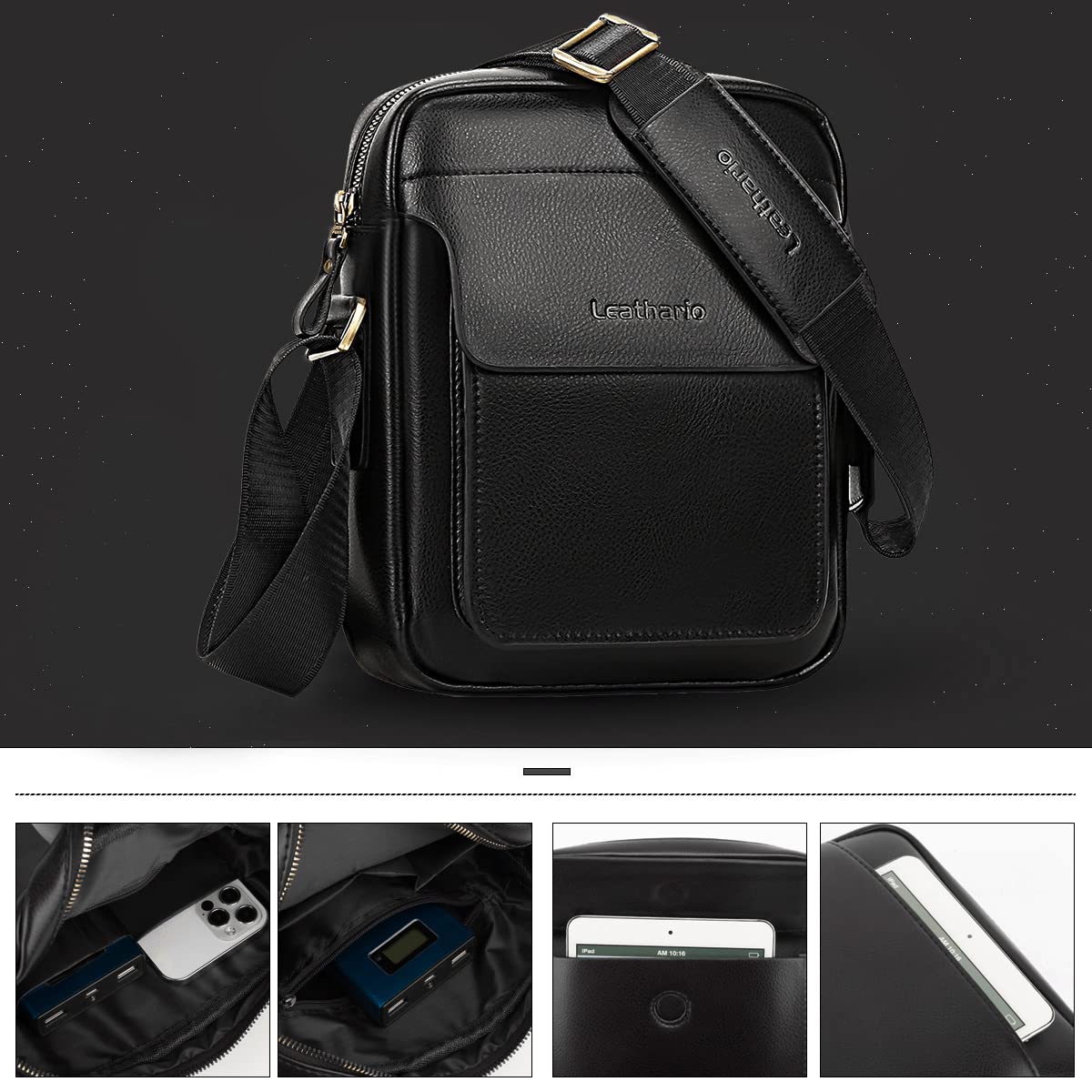 Leathario Crossbody Bag For Men Vegan Leather Shoulder Messenger Purse Sling Satchel Bag For Work Business Travel