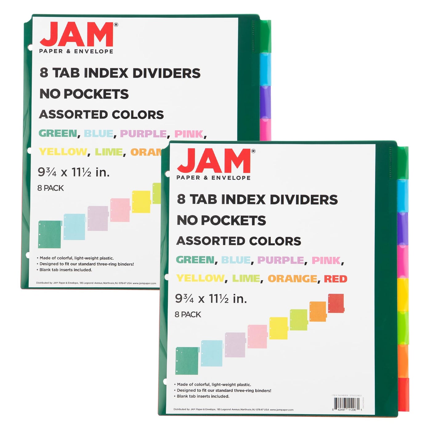 JAM PAPER Plastic Index Tab Dividers - 8-Tab - 9 3/4 x 11 1/2 - Multicolor - 2 Sets of 8 Tabs/Pack