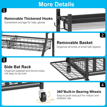 Jsskeeim Garage Sports Equipment Organizer,Sports Ball Organizer with Wheels,Mesh Pocket, Basket,Ball Organizer with Baseball Bat Rack and HooksToy Storage Rolling Cart-Black