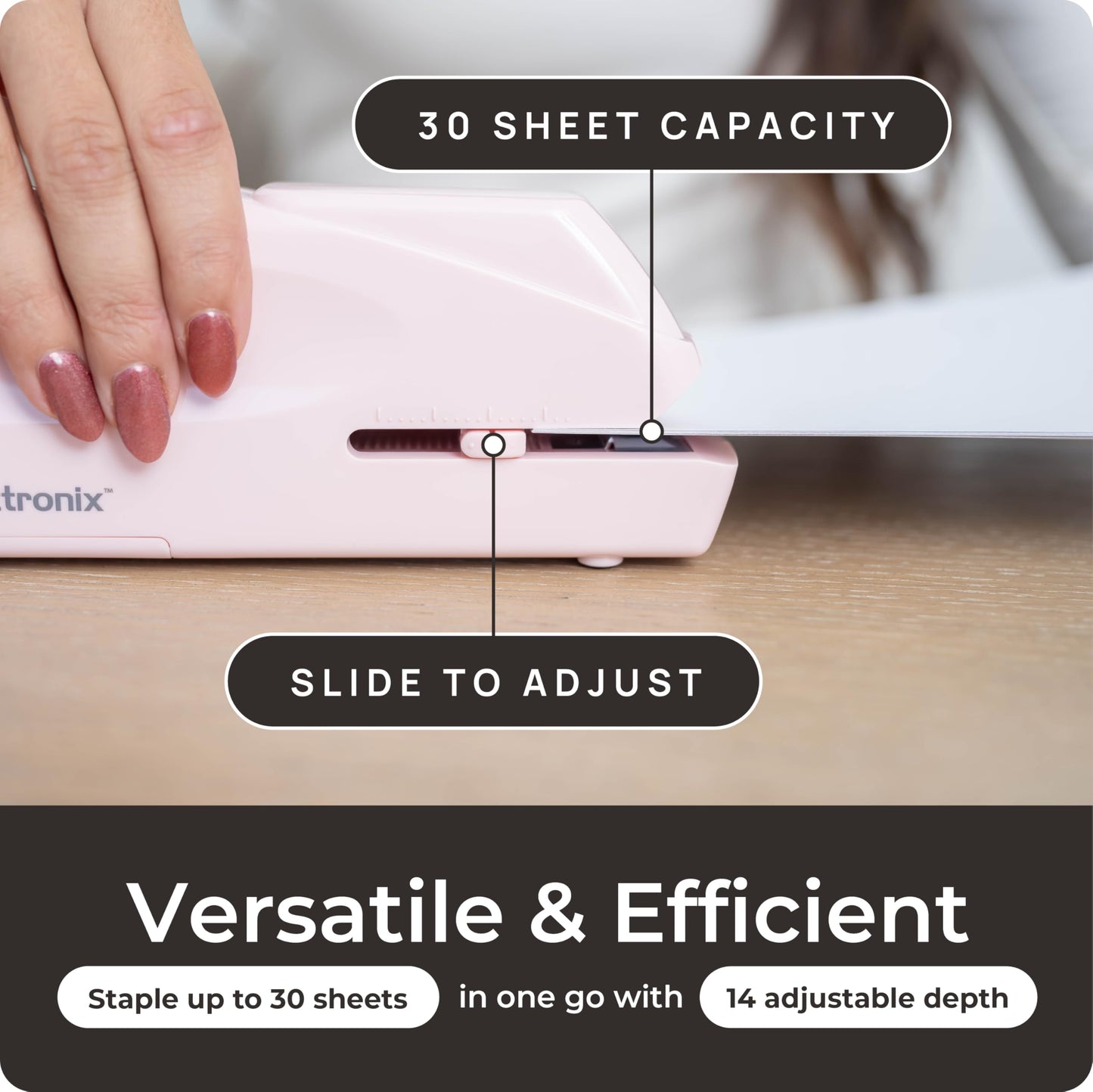 EcoElectronix Portable Automatic Electric Stapler Pro - 30 Sheet Capacity, Quiet Operation, Jam-Free and Easy Reload - AC Adapter/Battery Powered (Pink)
