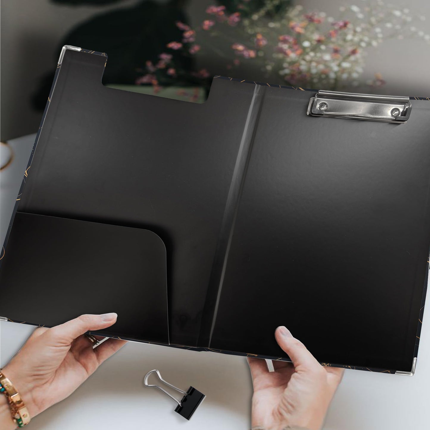 KU-DaYi Lotus Floral Clipboard Padfolio with Storage Pocket, Meditation Spiritual Lotus Flower Low Profile Clip Boards for Nurse Office Classroom, 12.4 x 9.25 in