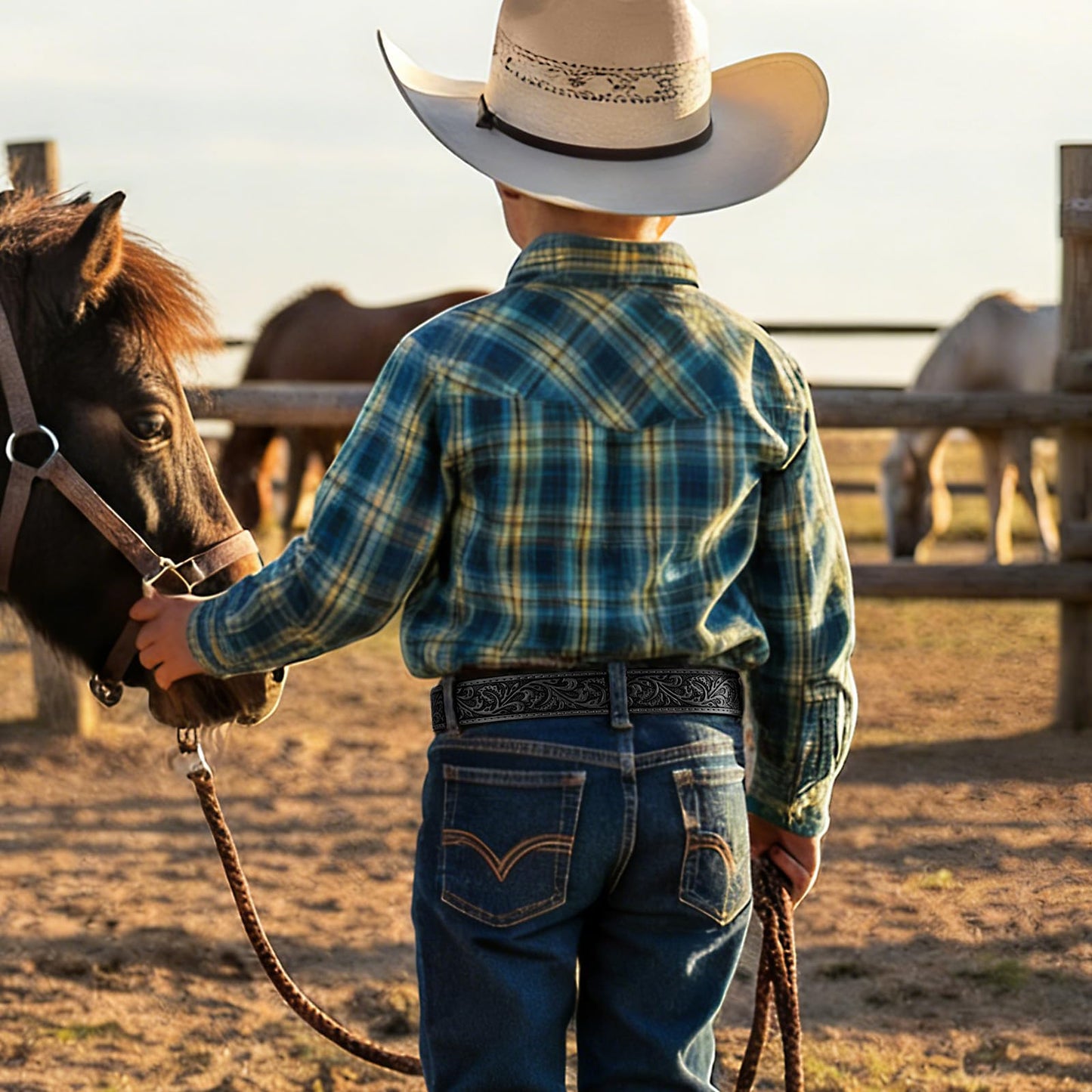 SANSTHS Kids Western Belt without Buckle Genuine Leather Boys Girls Belt Strap Cowgirl Cowboy Belts for Jeans Western Gifts, Embossed Leaf/Black