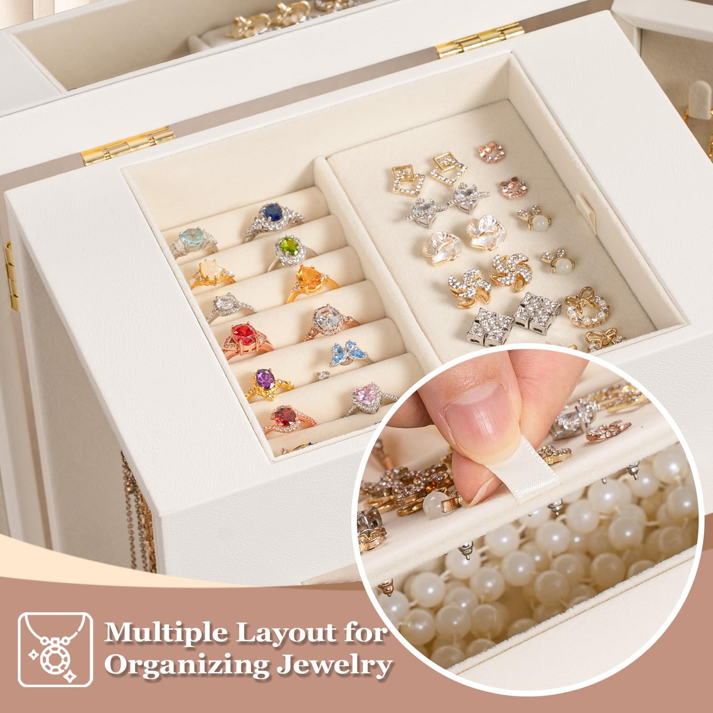 Emfogo Jewelry Boxes for Women, 5-Layer Large Leather Jewelry Organizer Box with Mirror and Drawers, Jewelry Storage for Necklaces Earrings Rings Bracelets (White)