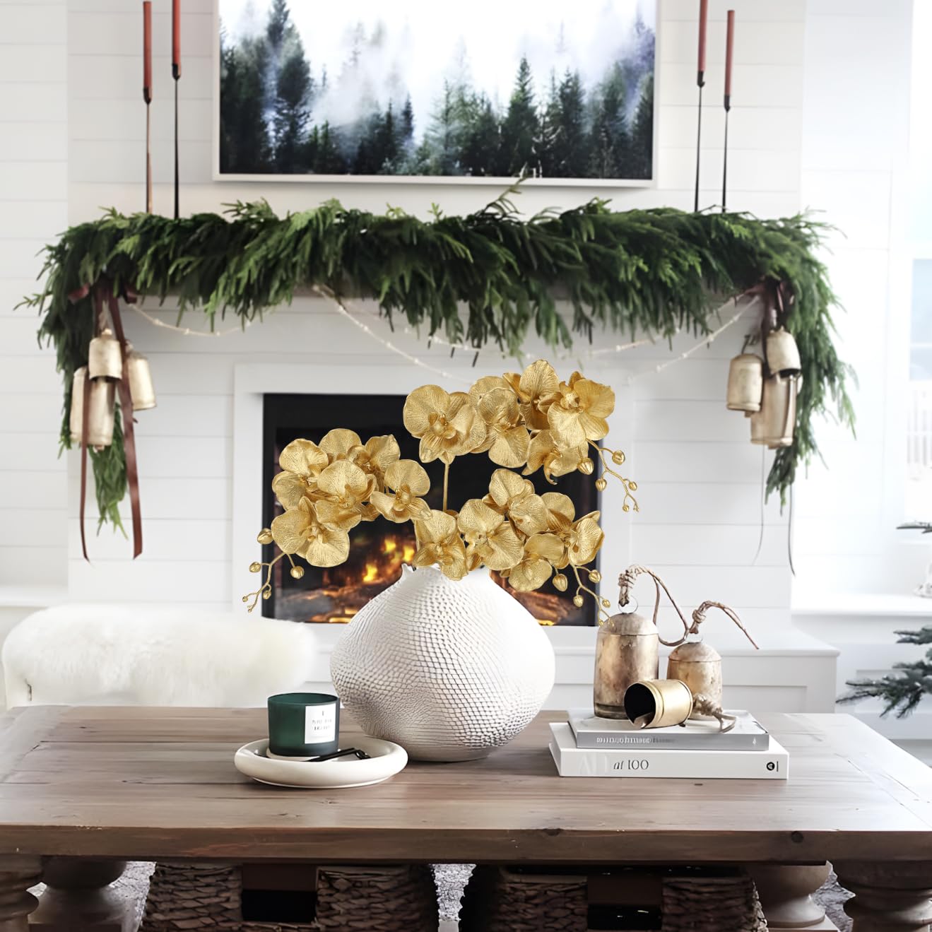 Gold Glitter Artificial Orchid Stems 3 Pcs, 31.5" Christmas Fake Phalaenopsis Orchid Flowers, Sparkling Faux Orchid Branches for Xmas Tree Decorations, Table Centerpieces, Floral Arrangements