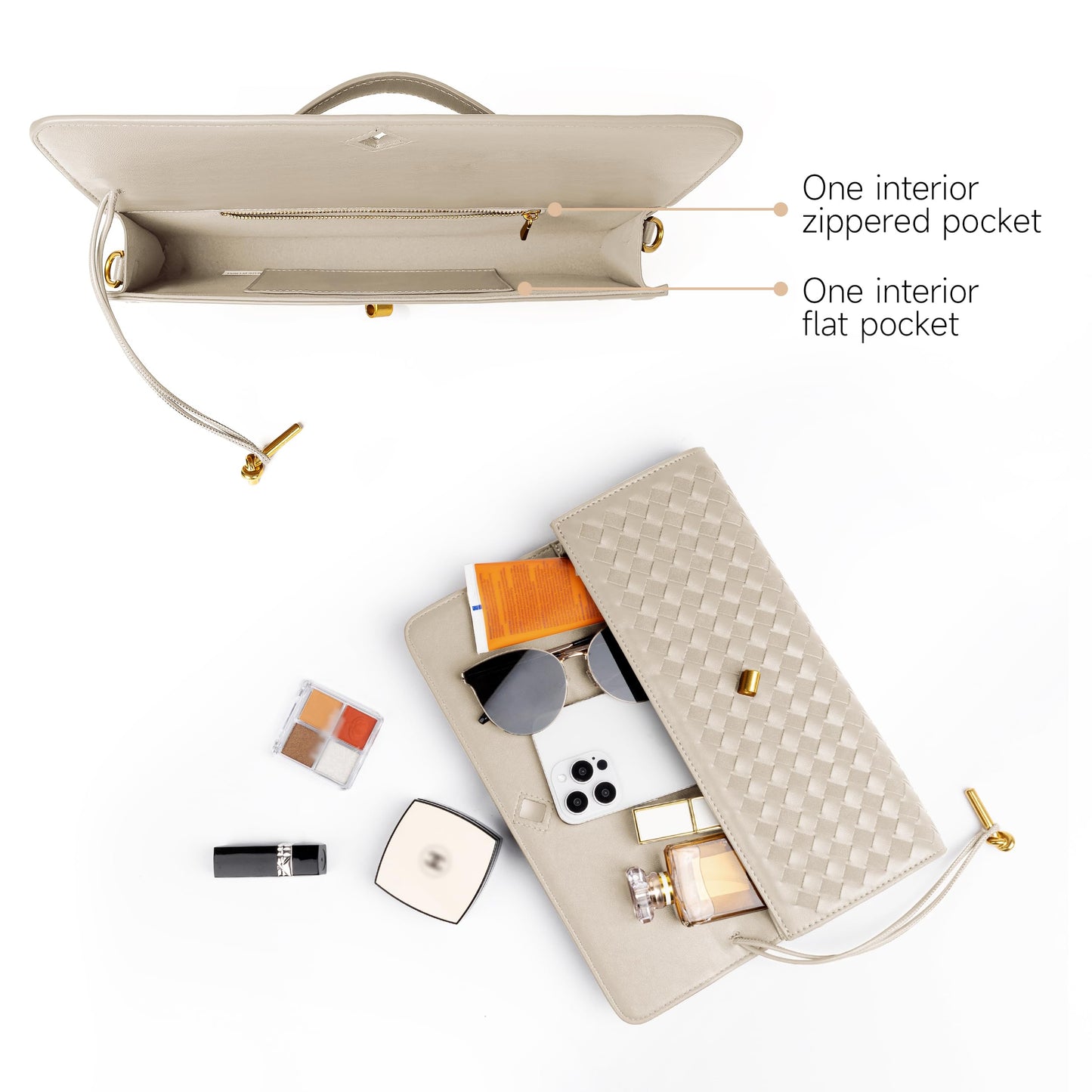 Joryin Woven Purse For Women Evening Clutch Woven Leather Handbags Crossbody Bag Suede Purse Formal Evening Bag, Seashell Beige