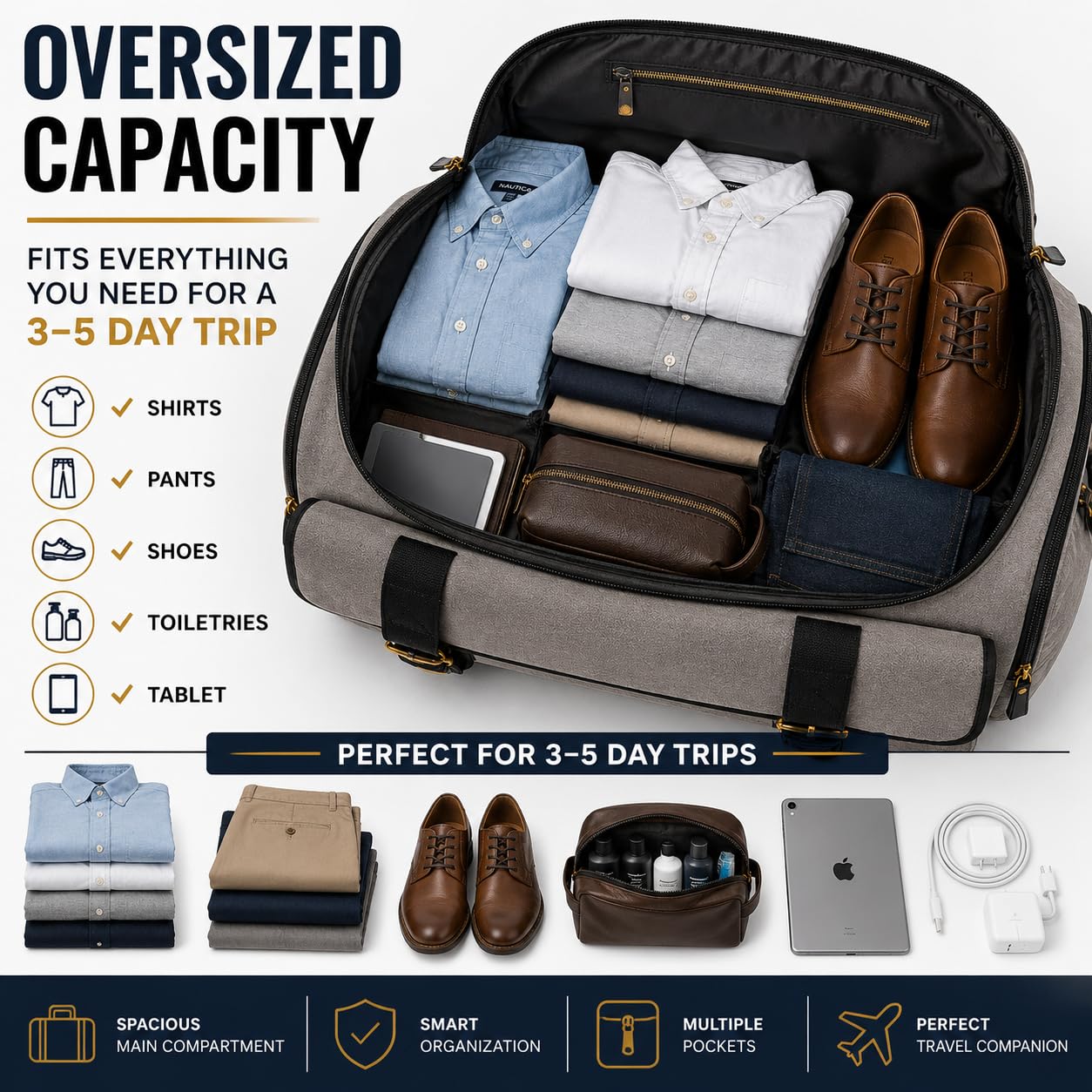 Oversized Canvas Weekender Duffel Bag for Men, Gift for Dad, Genuine Leather Trim & Brass Hardware, 23" Carry-On Travel Bag, Large Overnight Weekend Bag, Gray