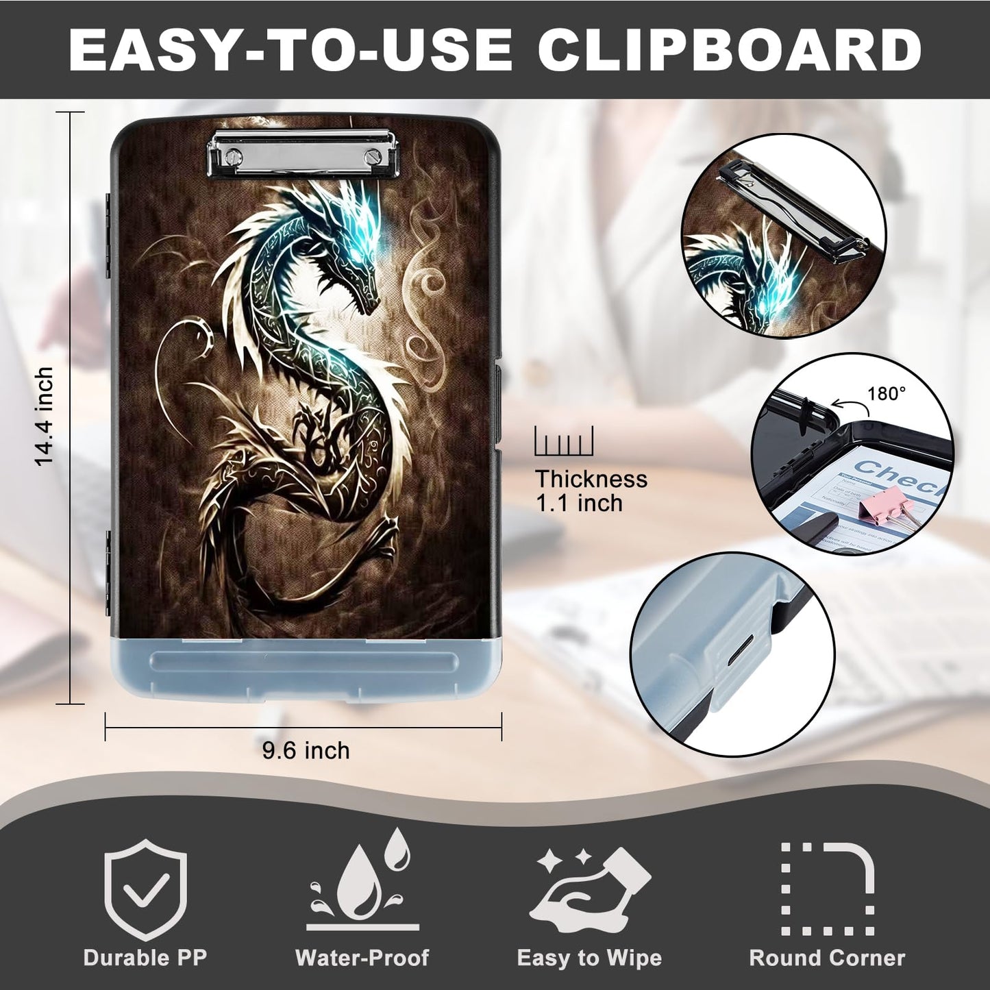 Clipboard with Storage,Heavy Duty Plastic Storage Clipboard with Low Profile Clip,Teacher Must Haves,Office Supplies,Dragon