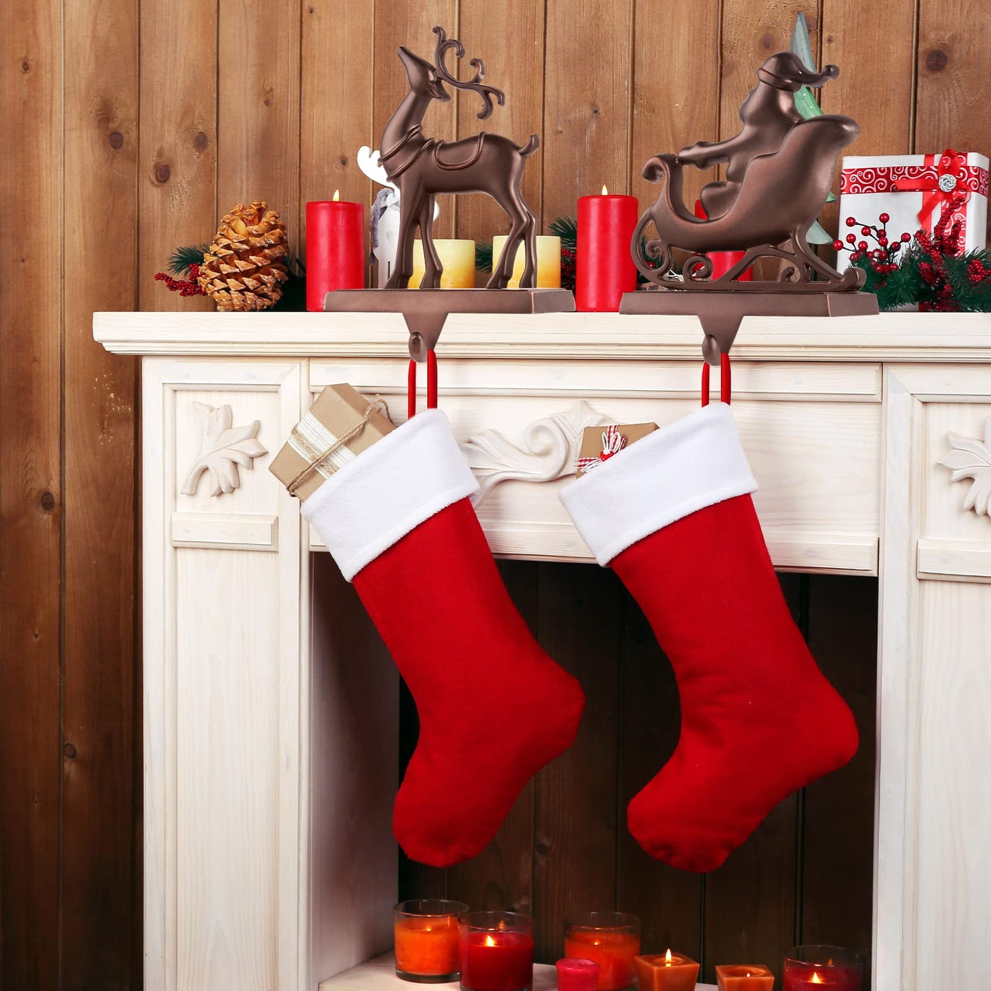 MCEAST Set of 4 Christmas Stocking Holders Santa and Reindeer Mantle Stocking Hangers Metal Christmas Hanging Hooks Safety Hanger Grips for Fireplace Decoration, Black