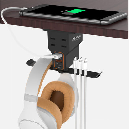 ALACOO Headset Holder for Desk, Dual Headphone Stand, PC Gaming Headphones Hanger Hook Under Desk with (QC3.0) 3 USB Charging Station & 2 AC Outlet(800W) for All Earphone Accessories Gamer Gift