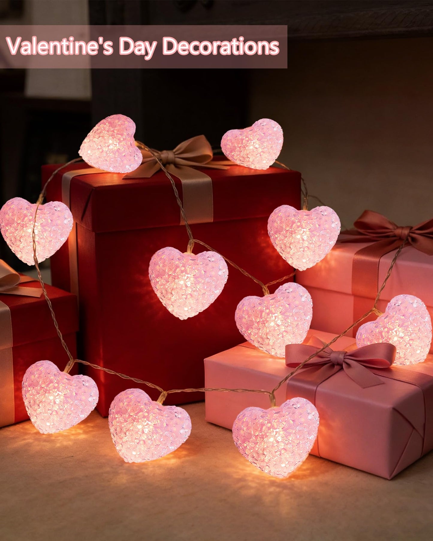 Myhimx Valentines Day Lights 7ft 10 LED Pink Heart String Lights Battery Operated with Timer, Shatterproof Valentine Heart Light for Indoor Outdoor Home Bedroom Christmas Valentines Decor