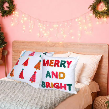 Remagr 2 Pcs Merry and Bright Christmas Tree Pillow Covers Pink Embroidered 18 x 18 Inches 3D Pillow Covers Decorative for Winter Xmas Home Bedroom Sofa Decor