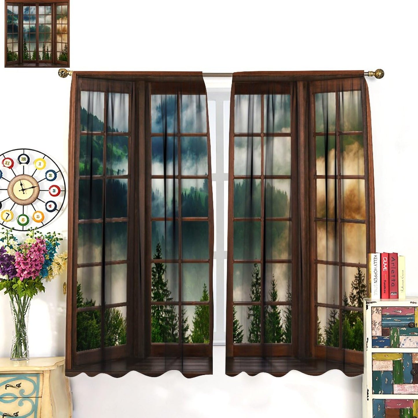 Green Misty Landscape Curtains, Nature Foggy Tree Mountain Scenery Retro Woodland 3D Landscape Blackout Window Treatments for Bedroom Living Room Kitchen 42x54 Inch