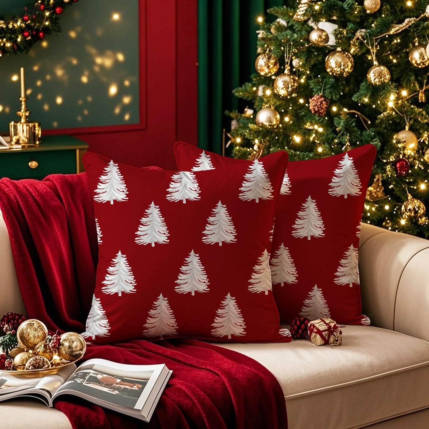Artmag Christmas Pillow Covers 24x24 Inch Set of 2 Decorative Xmas Tree Red Throw Pillow Covers for Winter Holiday Decoration Coach Sofa Living Room