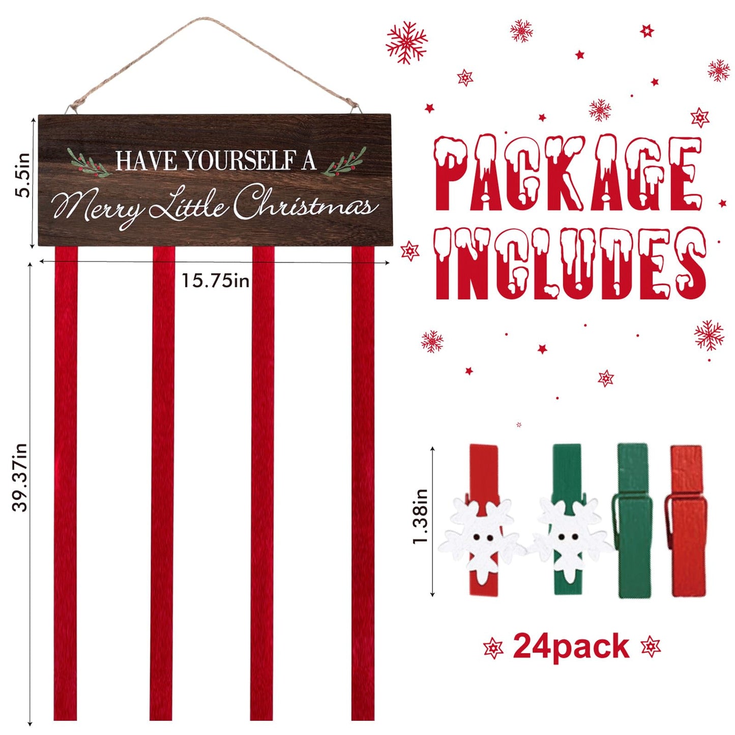 Christmas Card Holder Display, Merry Christmas Wooden Hanging Picture Holders, Xmas Card Display with 24 Photo Clips, Xmas Wall Door Window Home Decor