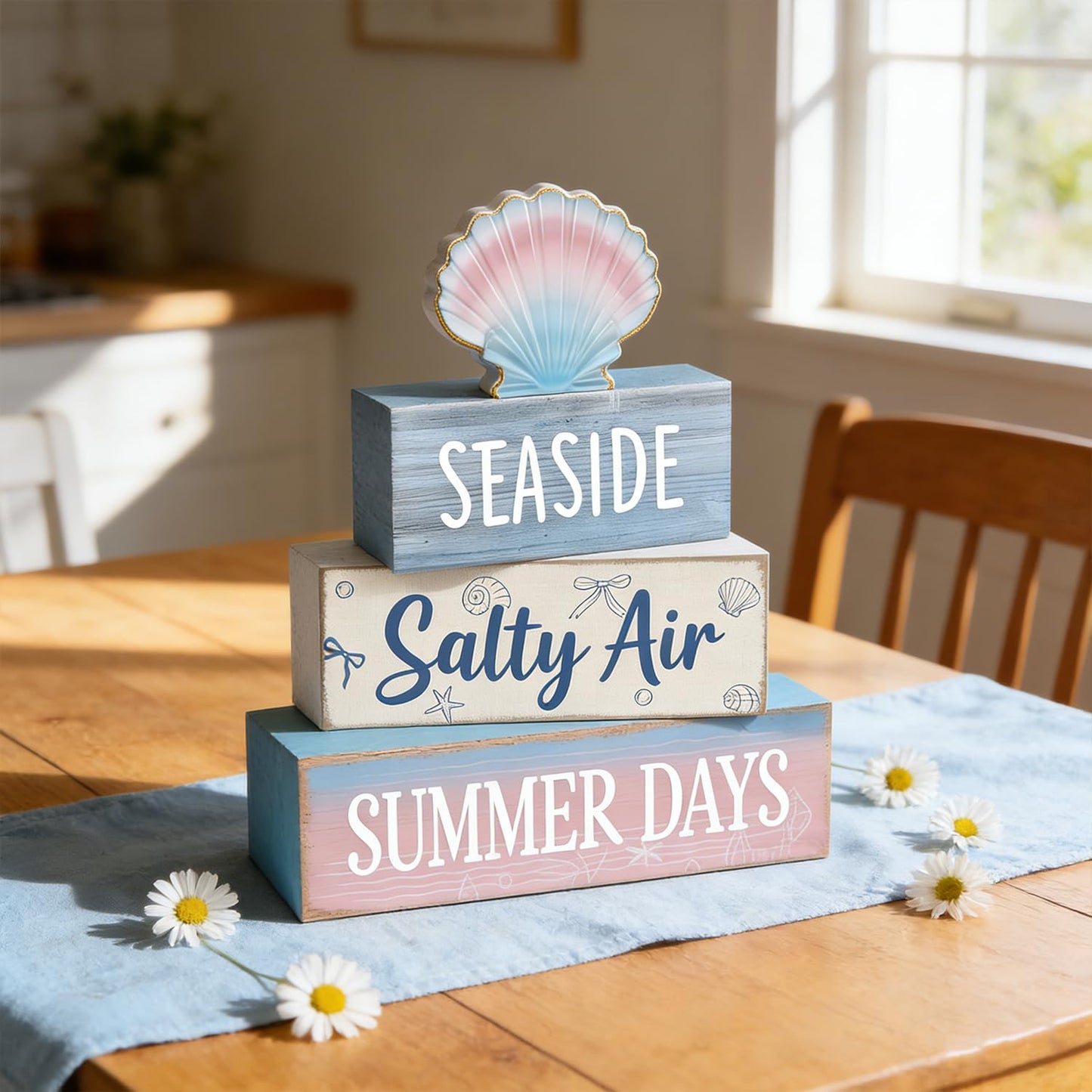 4 Pcs Seaside Beach Tiered Tray Decor Rustic Wooden Nautical Centerpiece with Salty Air Summer Days Sign Farmhouse Coastal Room Decor Summer Tiered Tray Decor