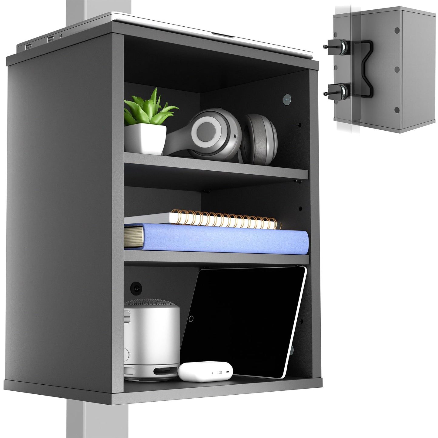 VIVO Clamp-on Under Desk Shelving Unit, Office Accessory Holder for Supplies, Gaming Devices, and More, Multi-Level Storage Shelves, Workstation Organizer, Black, DESK-SHELF3CL