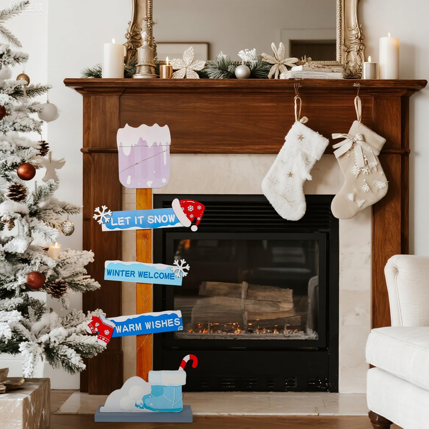 Lighted Wooden Christmas Porch Sign | Let It Snow Winter Welcome Porch Decor |Xmas Hat Gloves Candy Cane Wood Signs for Winter Wonderland Bule Christmas Decorations