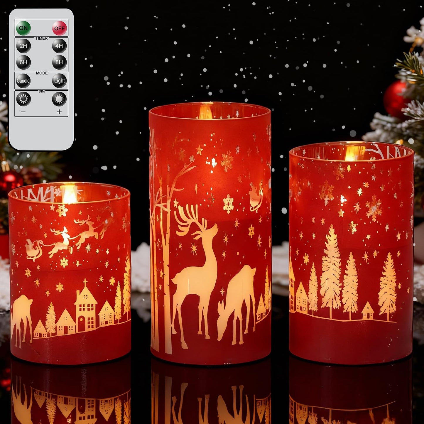Wondise Red Christmas Reindeer LED Flameless Candles with Remote Timer, Electroplate Glass Battery Operated Real Wax Flickering 3D Wick Pillar Candles for Christmas Holiday Home Decoration
