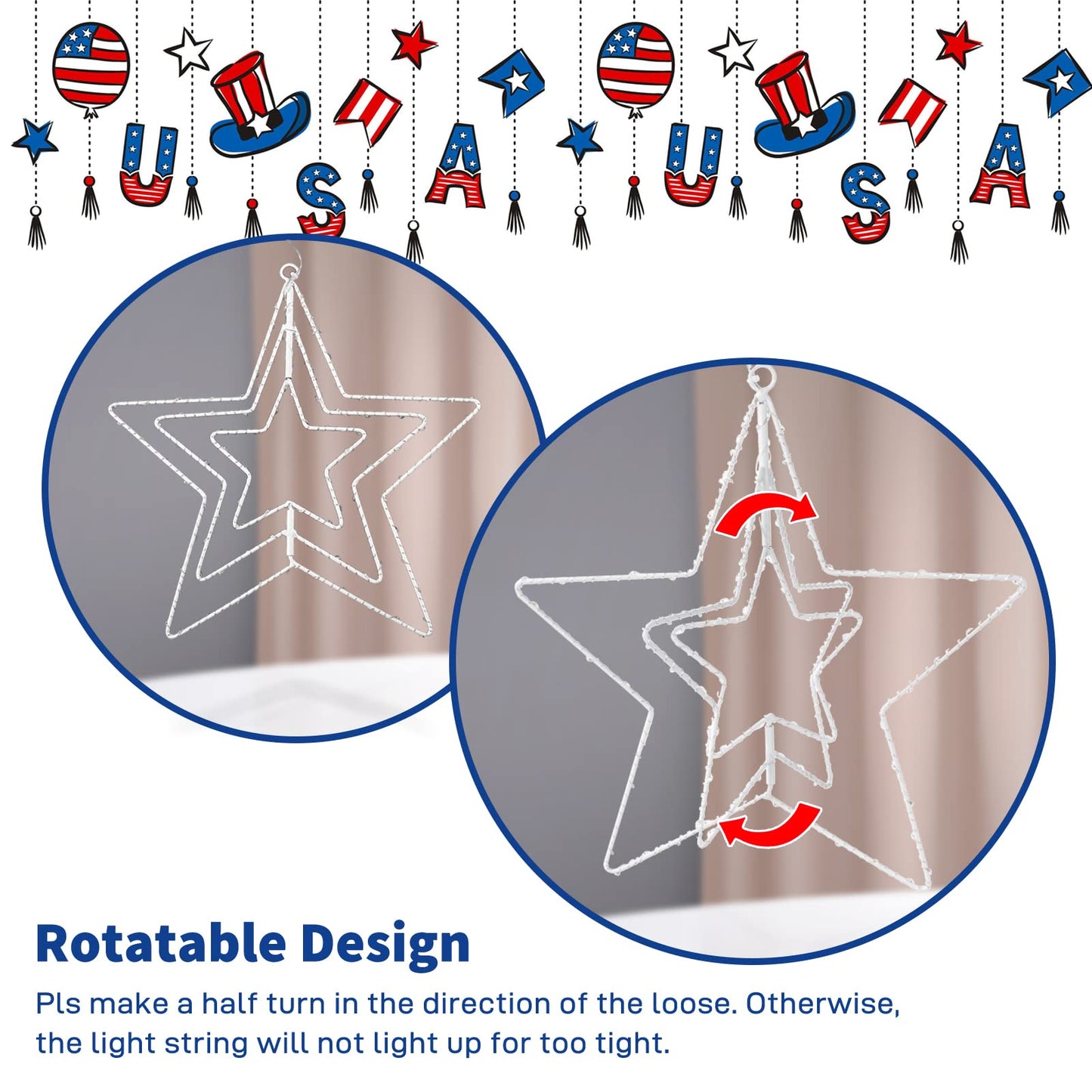 DANLI 4th of July Lights 14.2'' 110 LED Red White Blue Rotatable Iron Frame 3 in 1 Star Lights,8 Modes USB Window Silhouette Lights for Indoor Outdoor Decor(2 Packs)
