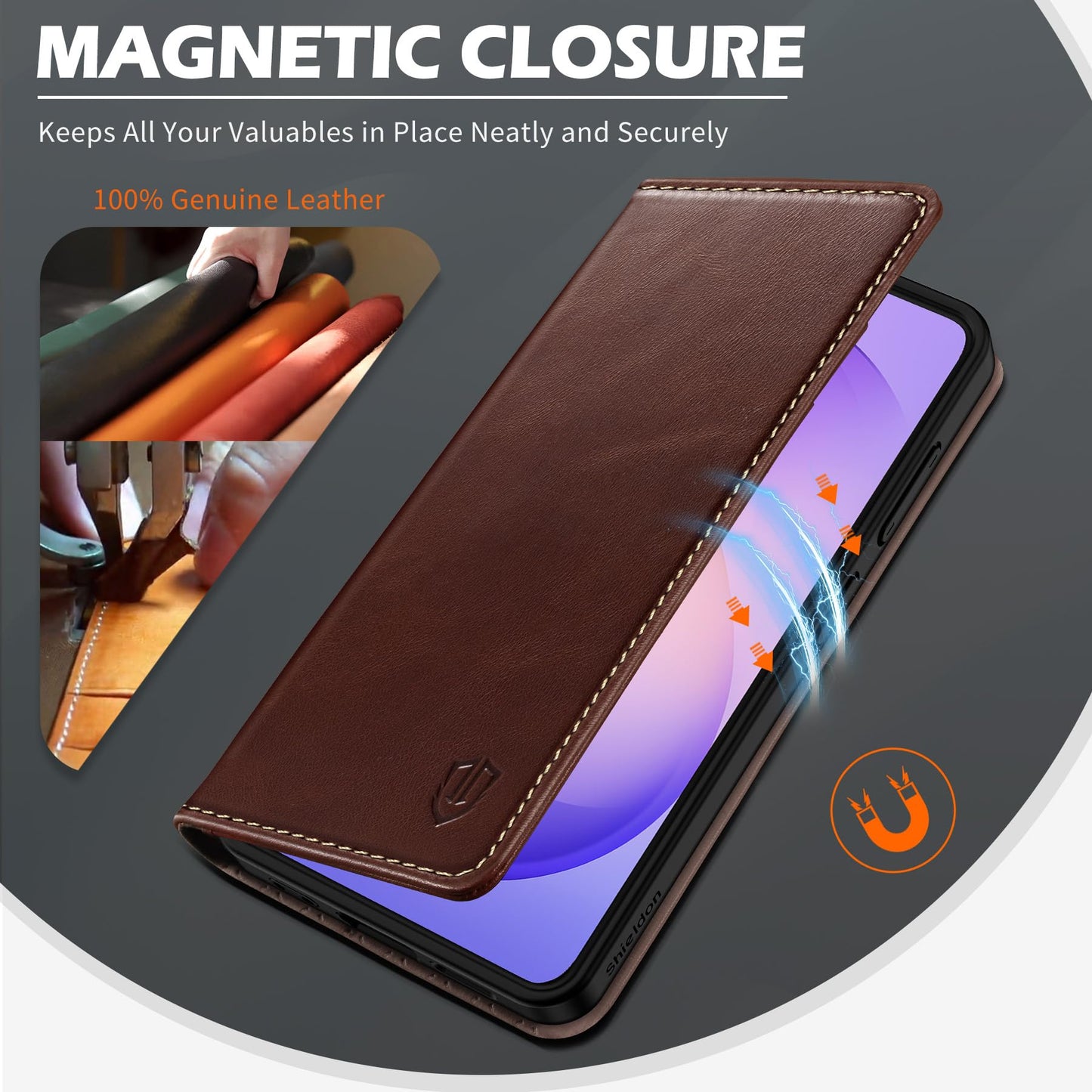 SHIELDON Case for Galaxy S26 Plus 2026, Genuine Leather Wallet Case, RFID Blocking Credit Card Holder Kickstand Magnetic Folio Protective Cover Compatible with Galaxy S26+ 6.7" - Retro Coffee