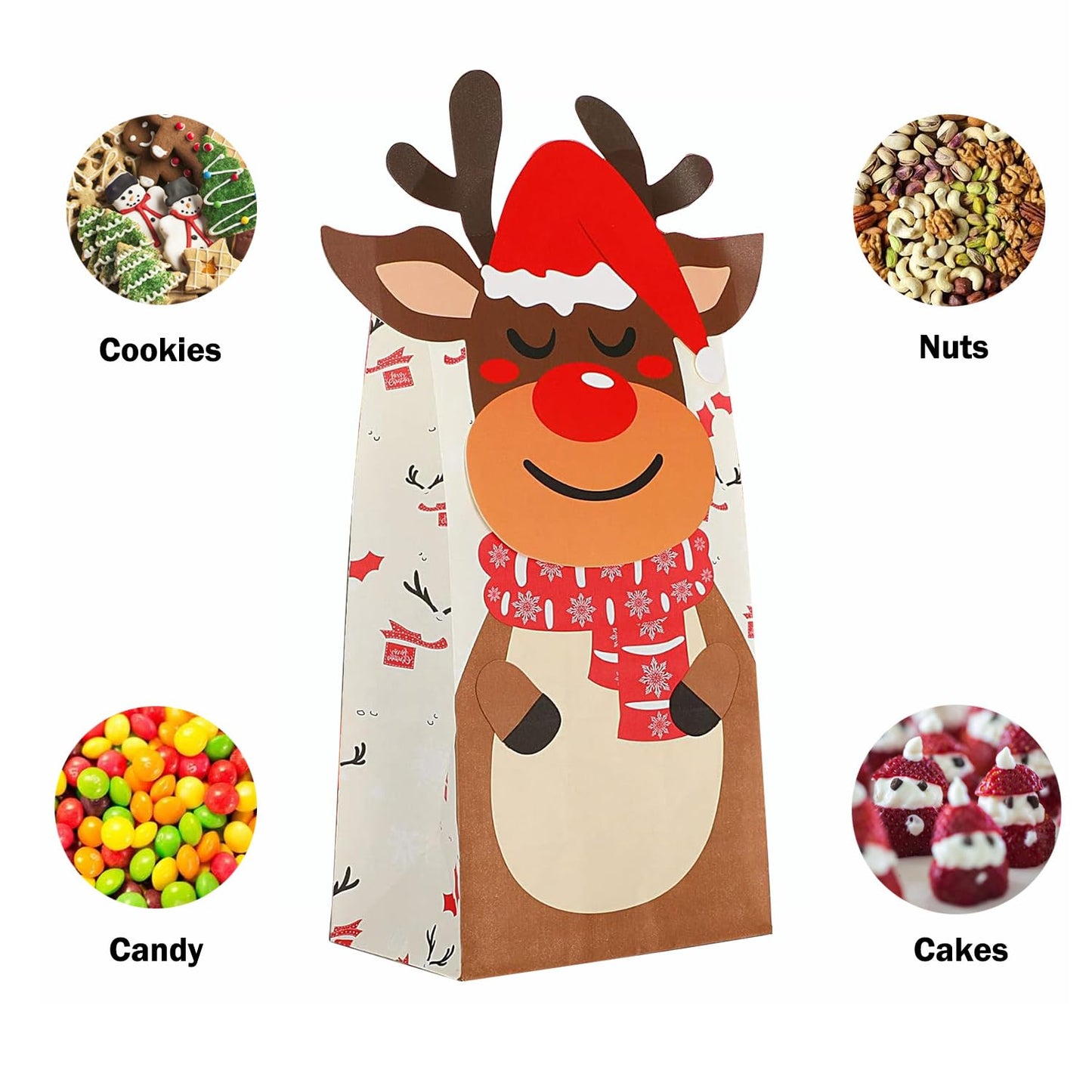 Christmas Treat Bags - 24 Pcs Paper Gift Bags with 24 Stickers, Kraft Goodie Bags for Party Favors, Classroom Giveaways & Seasonal Celebrations