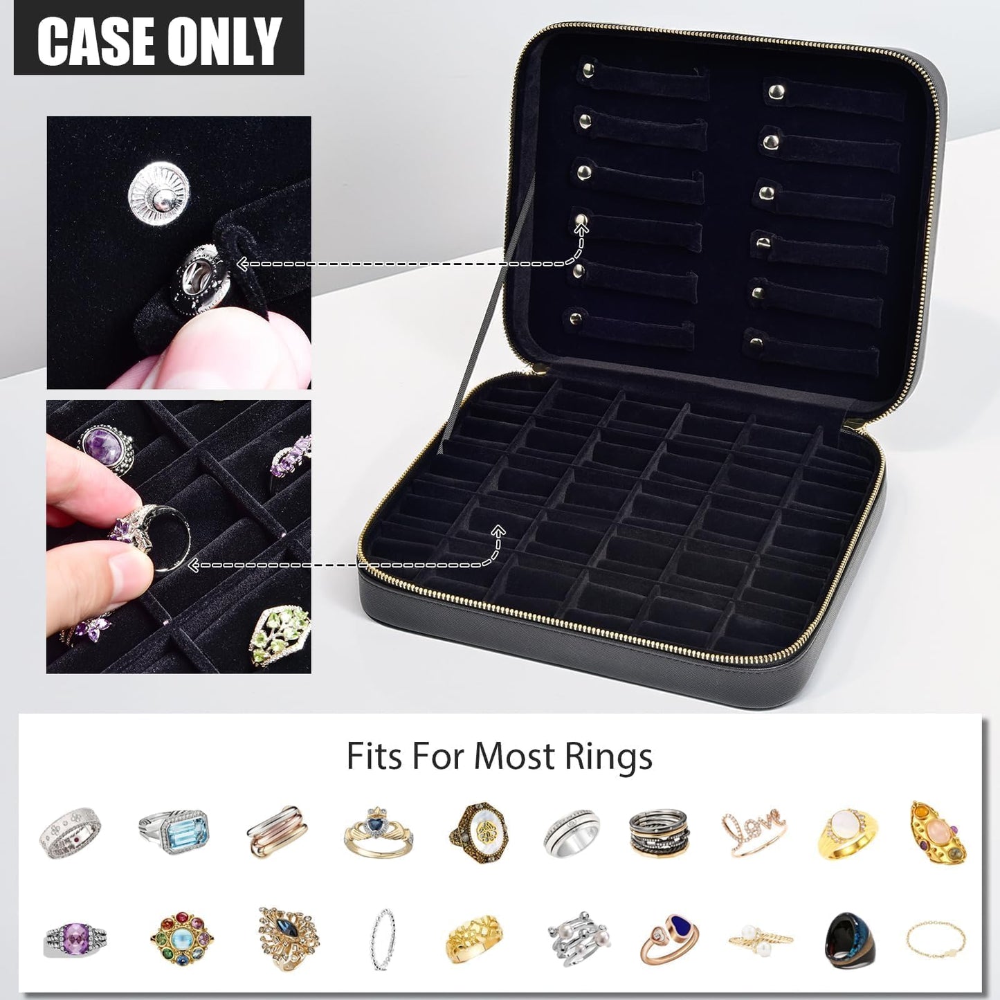 Luxury Velvet Ring Storage Organizer Case, Leather Ring Holder for Women/ Girls/ Mothers/ Wife, Portable Jewelry Display Box with Large Capacity for 90+ Rings, Earrings, Necklaces - Black(Case Only)