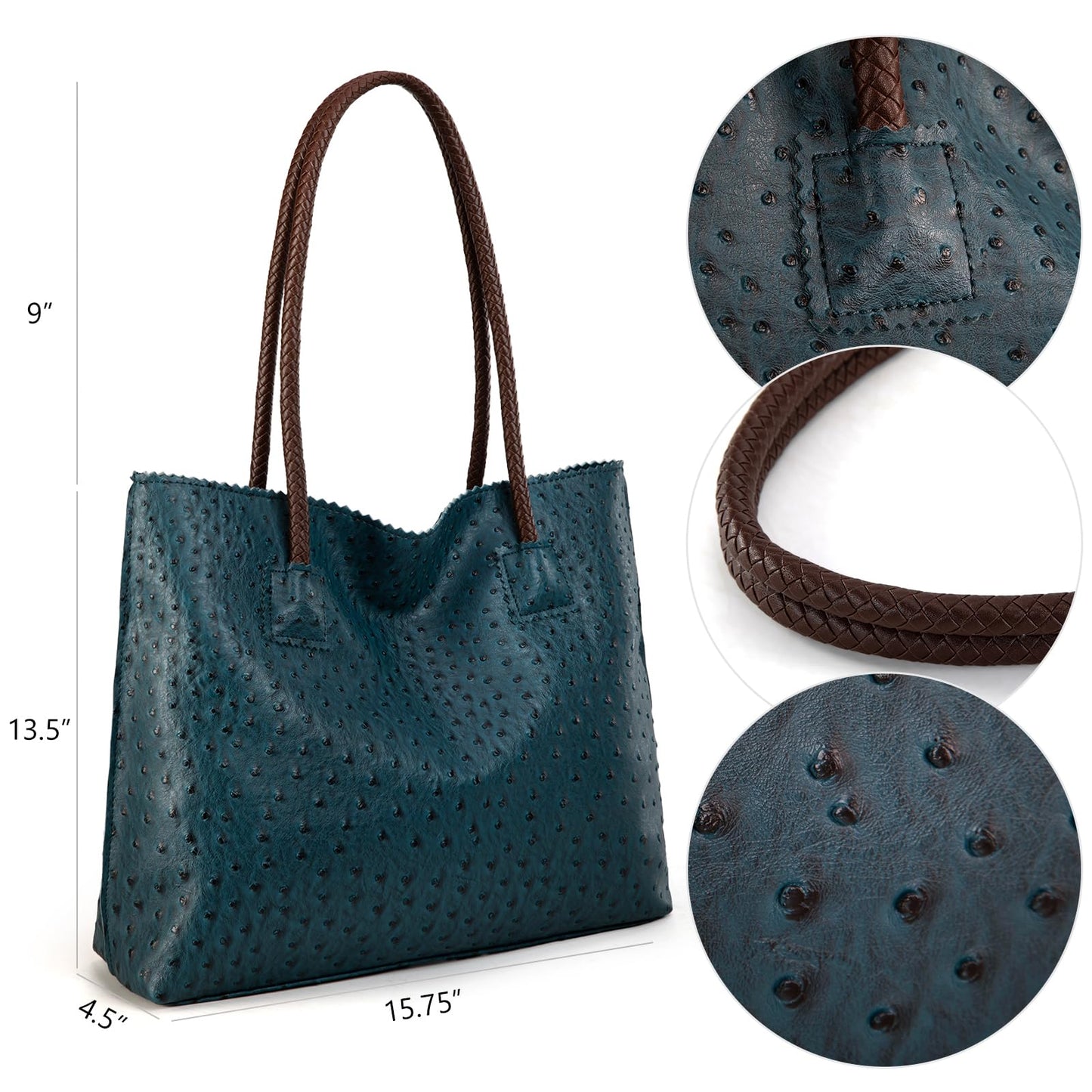 Milan Chiva Leather Tote Bag for Women with Zipper Large Ostrich Hobo Purse Shoulder Purses and Handbags Deep Blue Gift MC-1038LKB