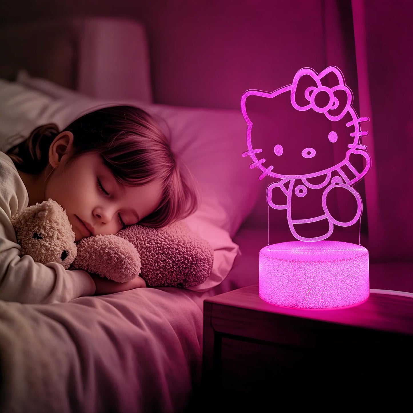 sunduck Pink Kawaii Kitty 3D Night Light with Corded Control- Dreamy Girls Room Decor, Perfect Birthday/Christmas Gift for Kids, Unique Holiday Present
