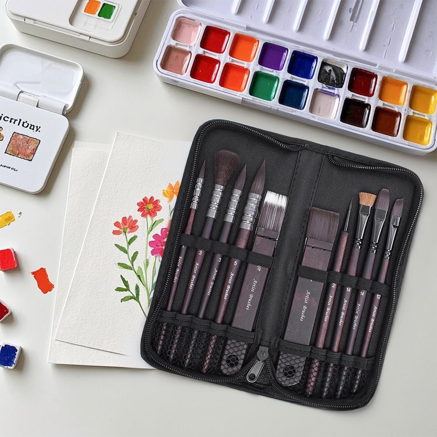 10 Pieces Paint Brush Set, Artist Series, Nylon Bristles with Round, Flat, Fan, Angle, Detail Brush, Suitable for Artists and Beginners for Acrylic Painting, Oil, Watercolor, Gouache(Black)