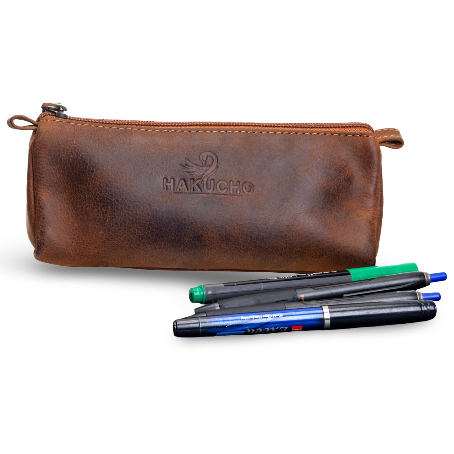 HAKUCHO Leather Pencil Case - Full Grain Leather handmade Durable & Stylish, Ykk Zippered Pen Pouch - Stationery Bag Pen Holder for collage, Work & Office