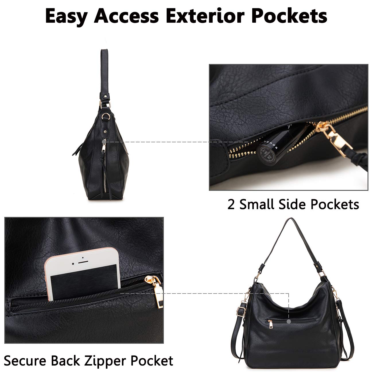 Hobo Bags for Women,VONXURY Faux Leather Tote Purse Ladies Handbag Large Shoulder Bags with Side Pockets for Work Travel,Black