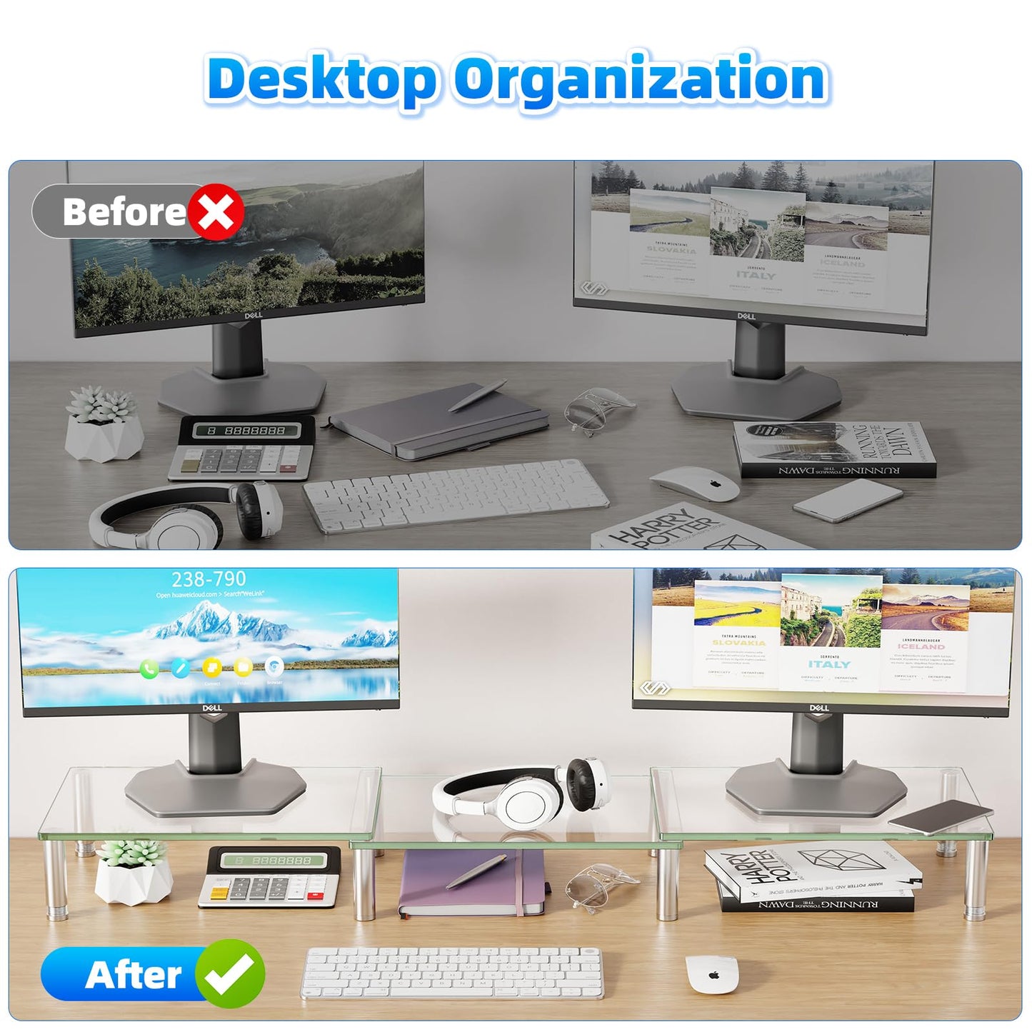 Simple Trending Dual Monitor Stand Riser, Computer Office Desktop Organizer for 2 Monitors with Tempered Glass, Adjustable Length and Angle Stand for Laptop,Printer,TV
