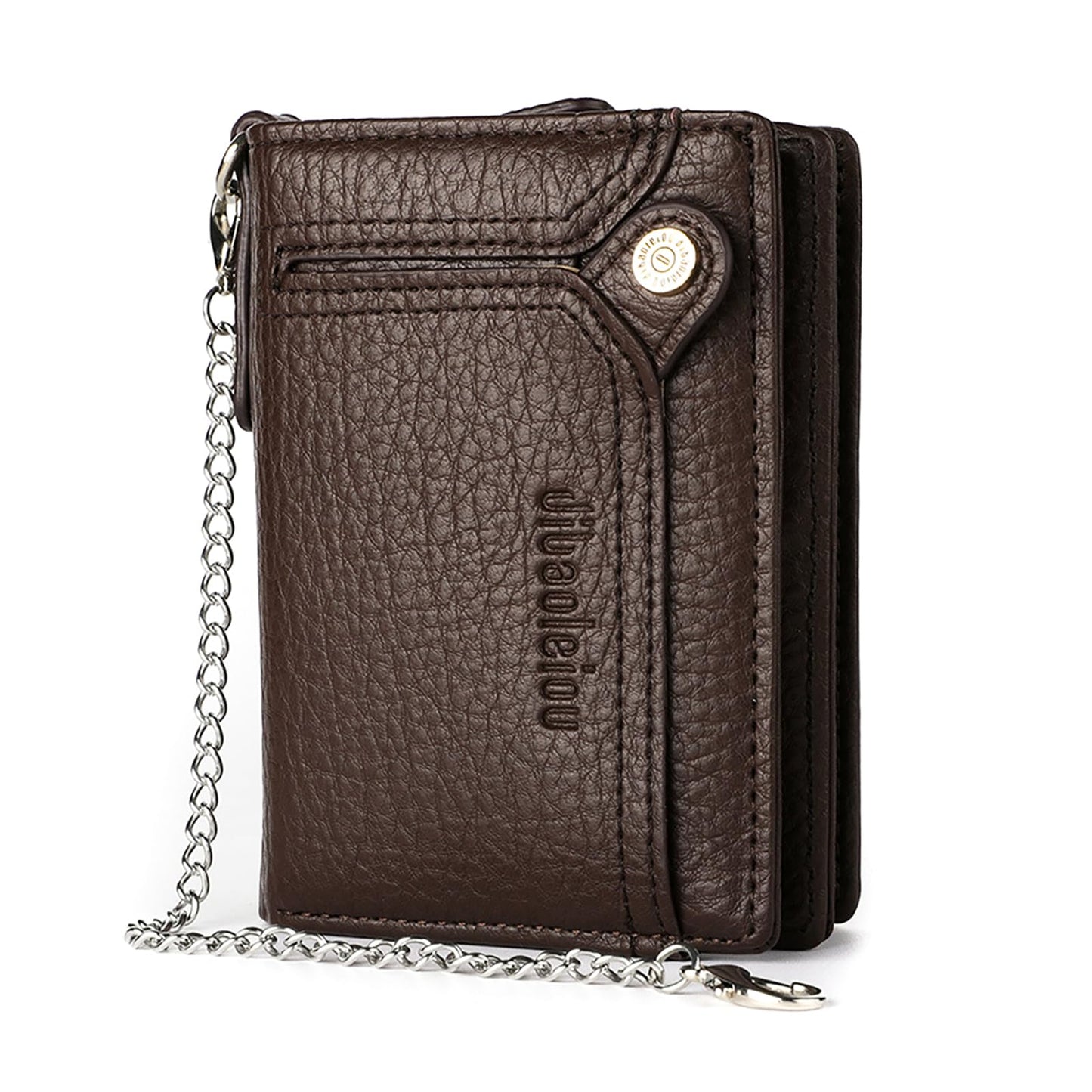 aolaso Wallet with 2 pcs Chain for Men Faux Leather Bifold Wallet Zipper Coin Pocket Purse Anti-Theft Chain Mens Gift (Coffee)