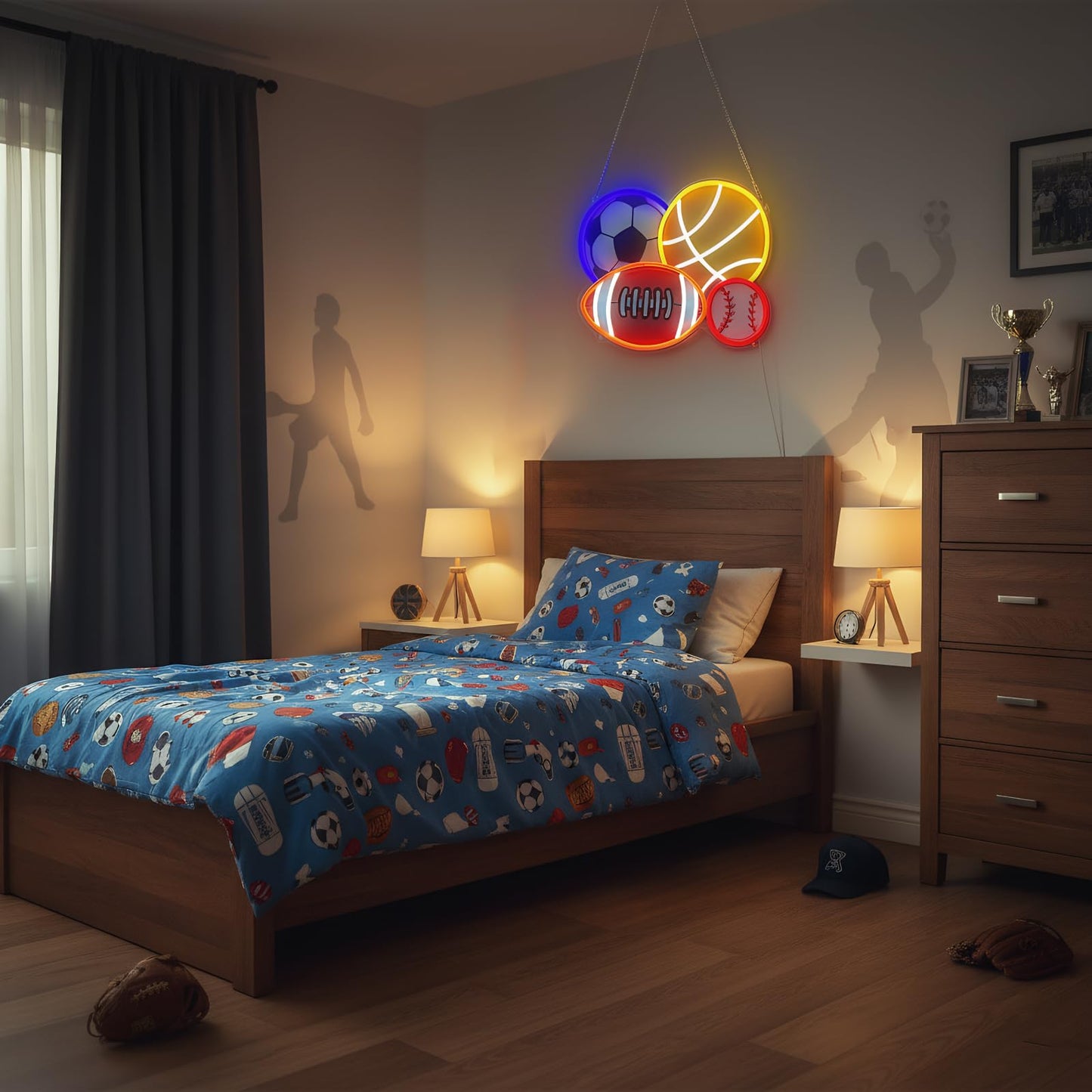 4 Ball Sport Neon Sign, Soccer Basketball Baseball Football Neon LED Light Wall Decor with Printed Design, Sports Themed for Boy's Bedroom Playroom Man Cave Home College Club Birthday Party Decor
