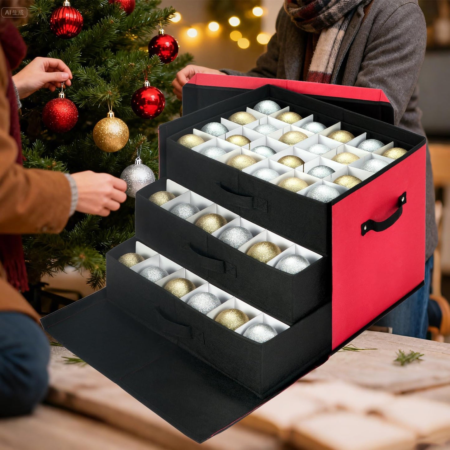 JY COOKMENT Christmas Ornament Storage Box with Adjustable Dividers, Large Holiday Ornaments Storage Container Bin with Lid for Xmas Decorations (72-3" Balls, Red, With Removable Tray)