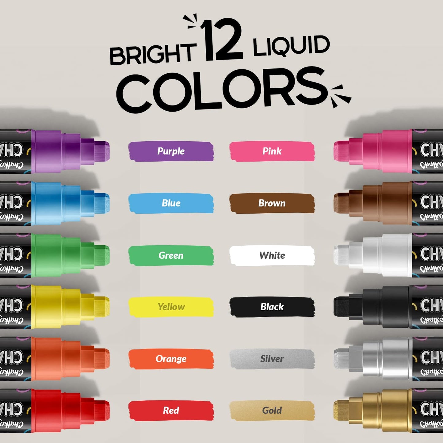 Chalkola Car Window Markers for Glass Washable - (10mm, 12 Pack w/Gold Silver) | Jumbo Liquid Chalk Markers for Blackboard, Chalkboard, Auto Mirror, Bistro Board — 3 in 1 Wide Nib Chalk Paint Pens