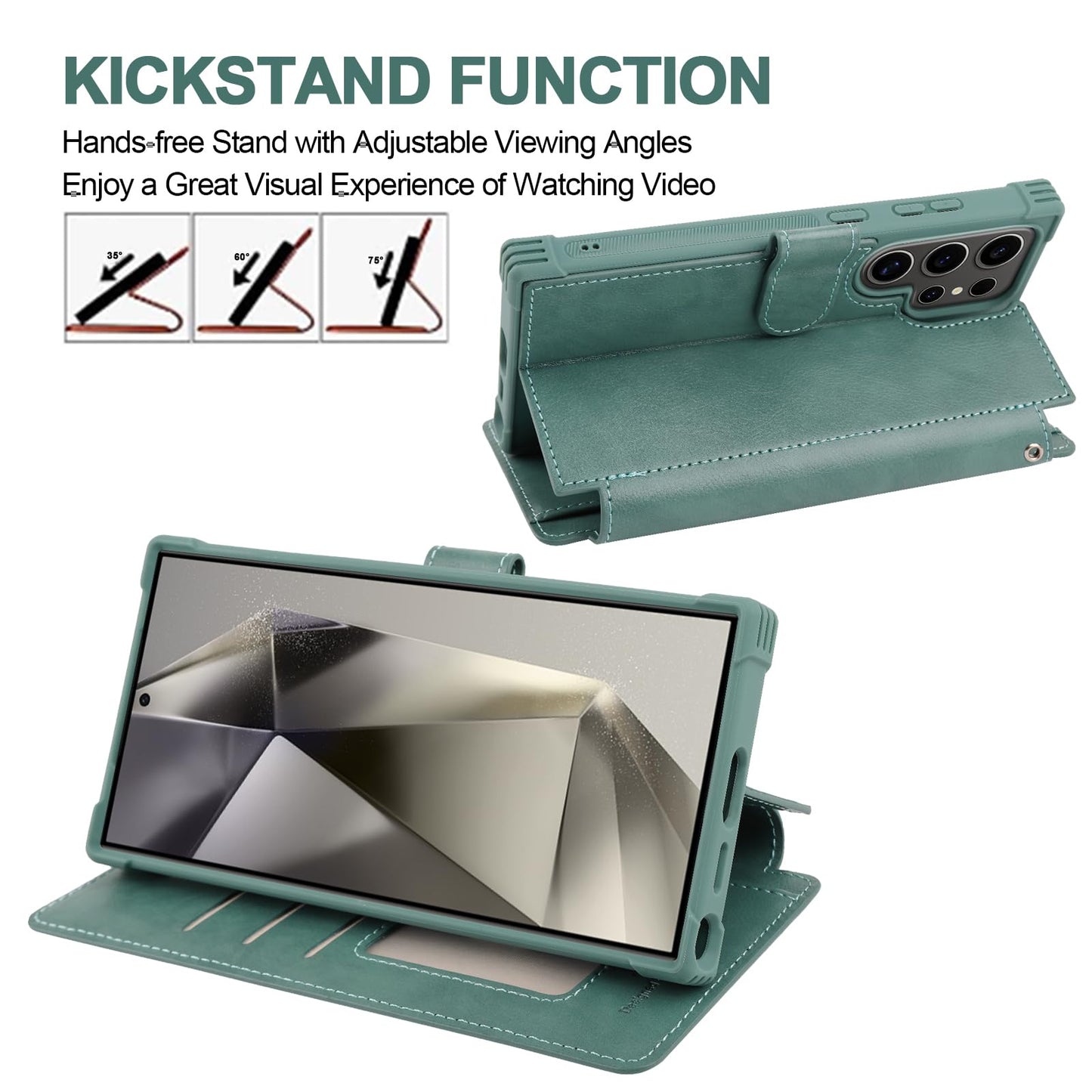 VANAVAGY Wallet Case for Galaxy S24 Ultra with RFID Blocking Card Holder, [Screen Protector & Camera Lens Protector] PU Leather Flip Case with Strap for Wireless Charging,Forest Green