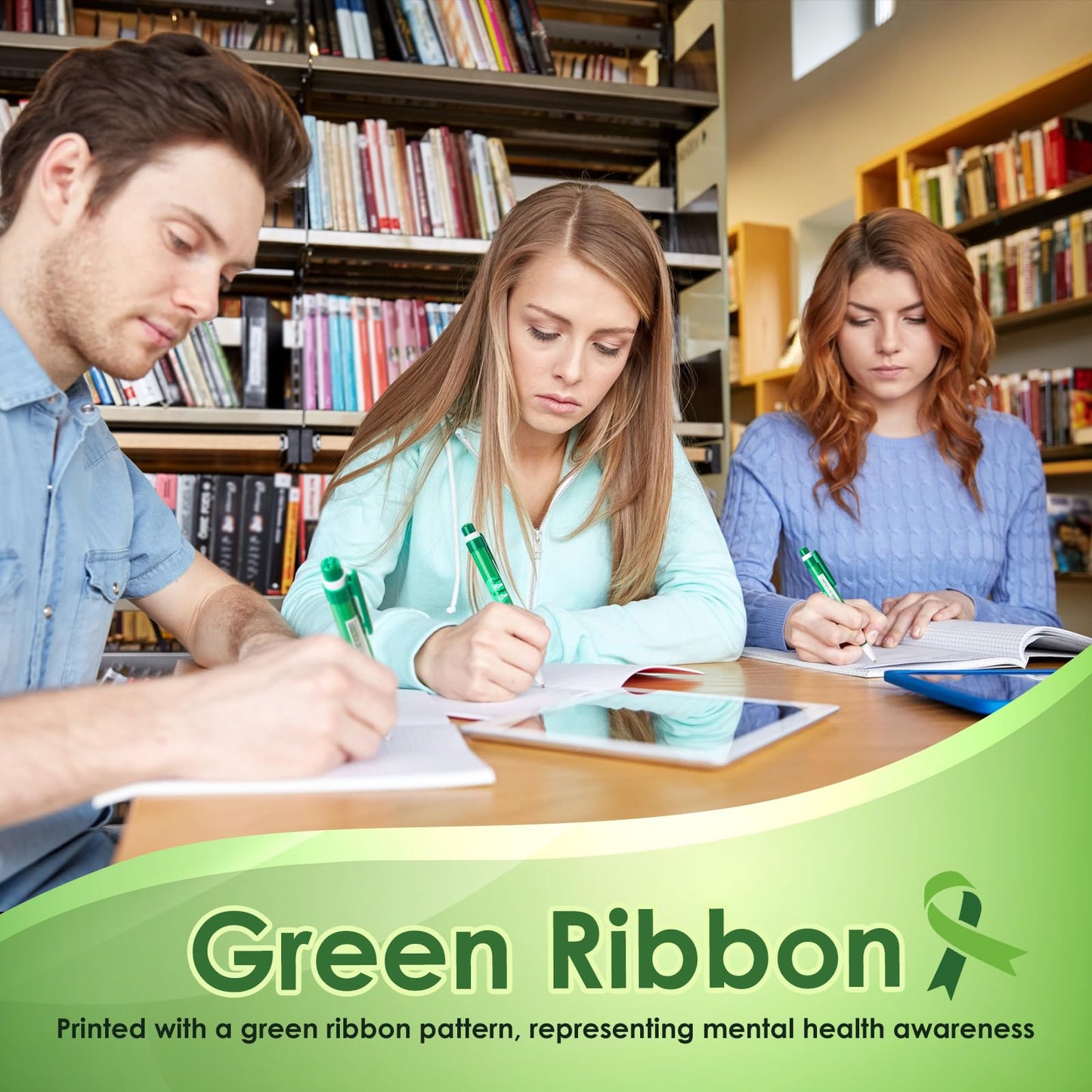 Lincia 50 Pcs Mental Health Awareness Items Green Ribbon Message Pens World Mental Health Day Retractable Ballpoint Pen for School Nonprofit Organization Charity Classroom Supply 1.0 mm Black Ink