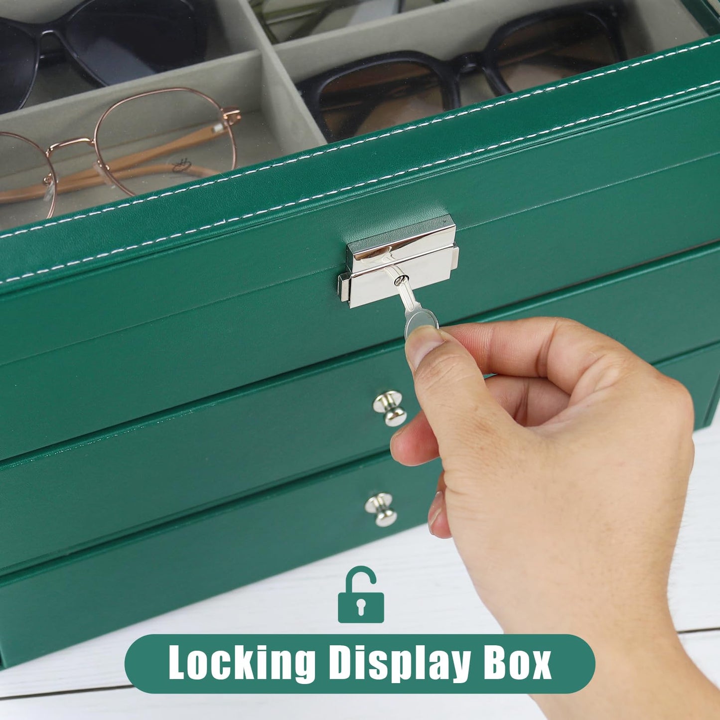 GRTCZYSL Sunglasses Organizer 18 Slots, Multiple Pairs Glasses Storage Case Leather Eyeglasses Display Box for Women Men -3 Layers, Green