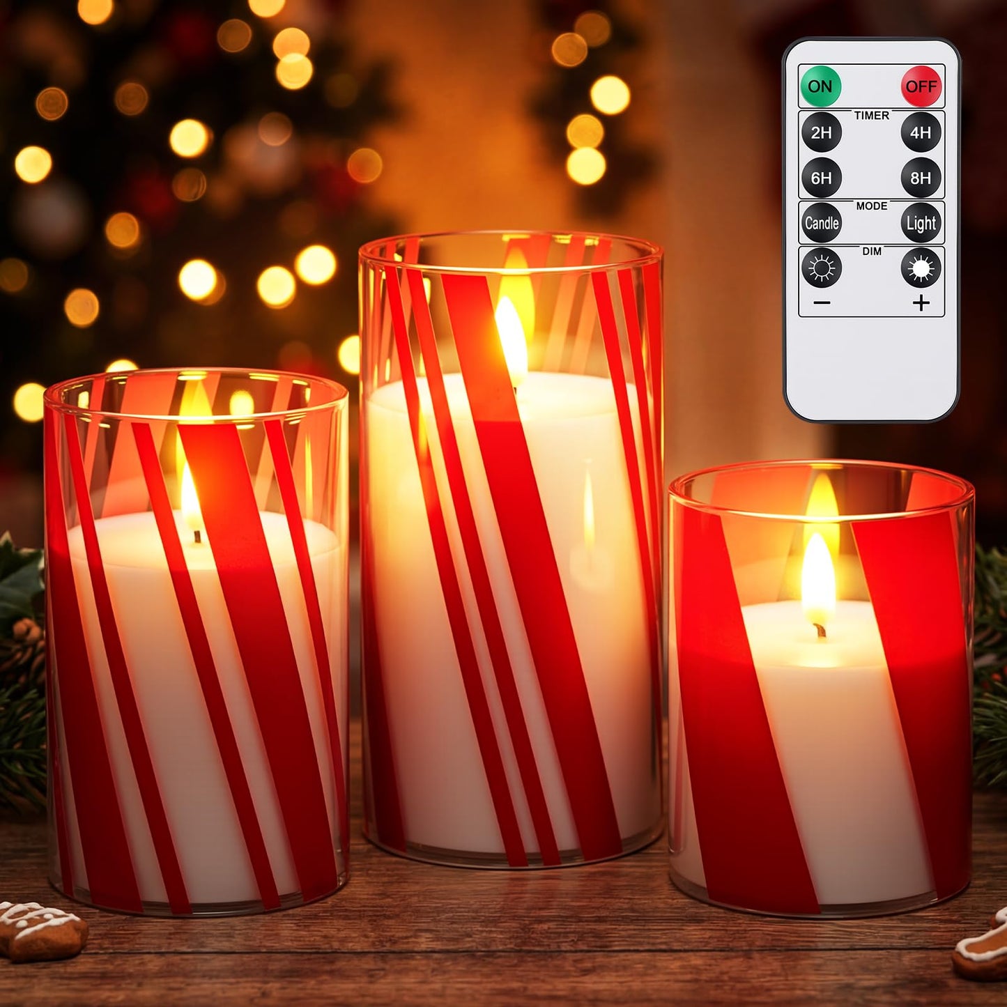 Glooglitter 3 Pcs Candy Cane Flameless Candles with Remote Timers Red Stripe Glass Candlestick Christmas Battery Operated Candles LED Flickering Candlestick for Christmas Party Home Decor
