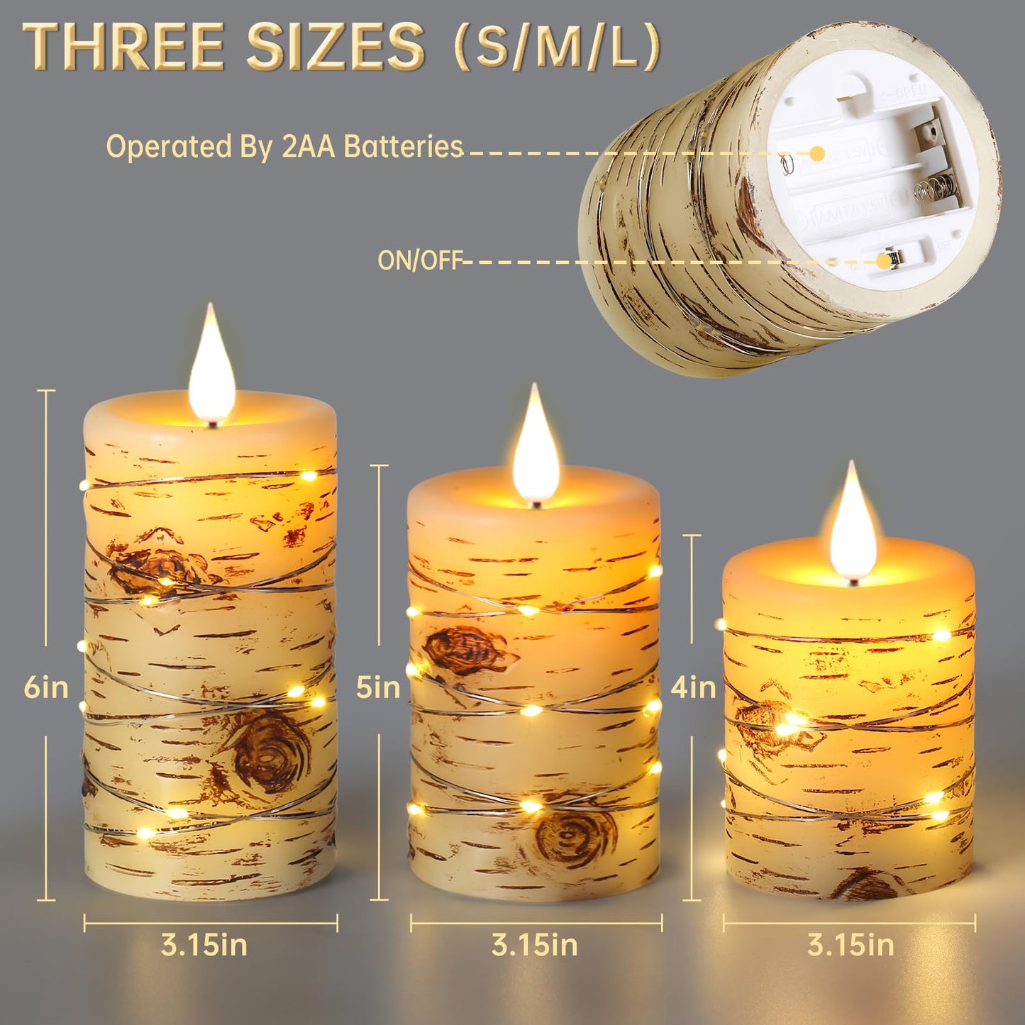 Da by 3 Pack Birch Bark Real Wax Flameless Candles, Flickering LED Taper Candles with Copper String Lights, Battery Operated Candles with Remote for Farmhouse Wedding Home Decor
