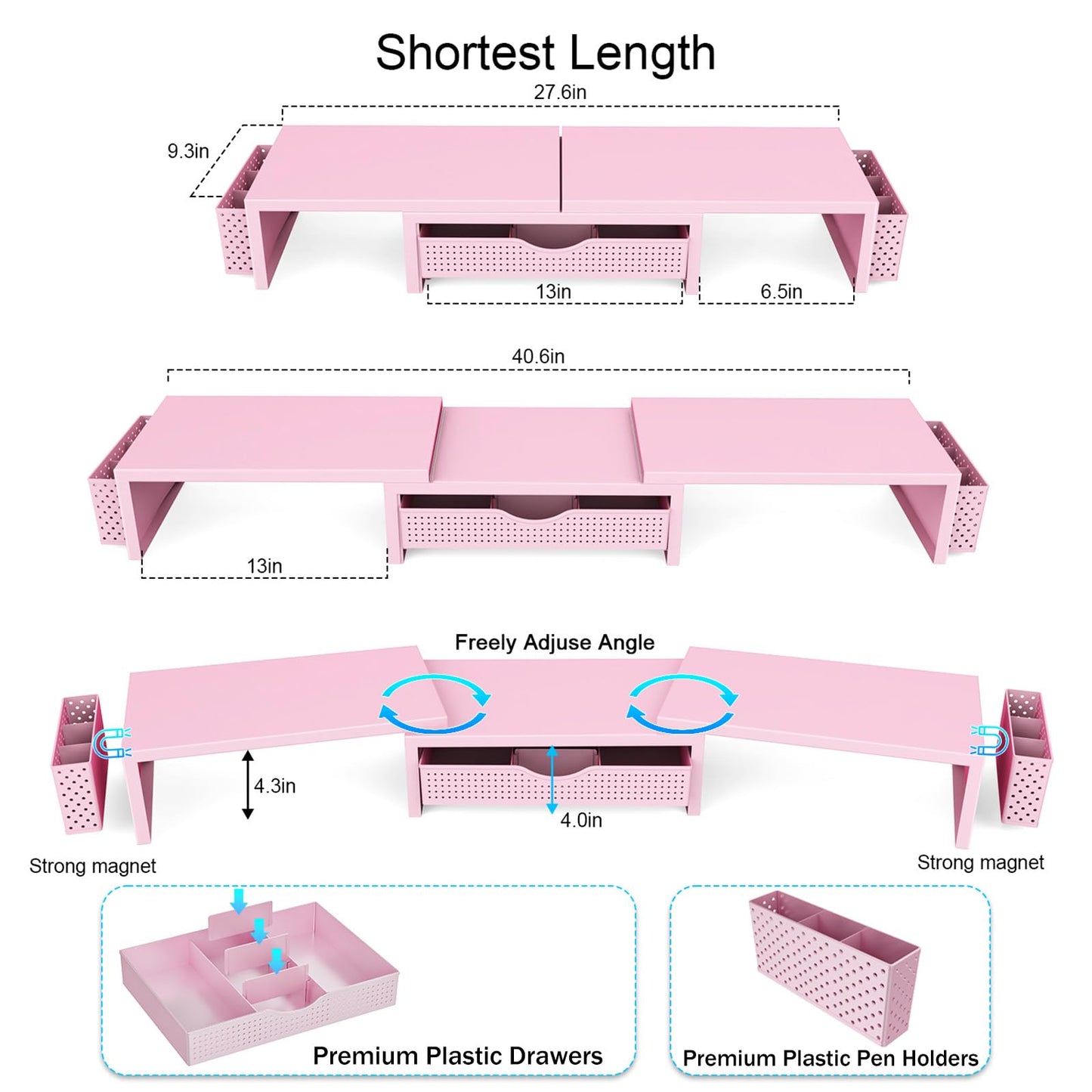 gianotter Dual Monitor Stand Riser, Desk Organizer With Drawer and 2 Pen Holders,Desk Organizers and Accessories, Pink Office Supplies (Pink)