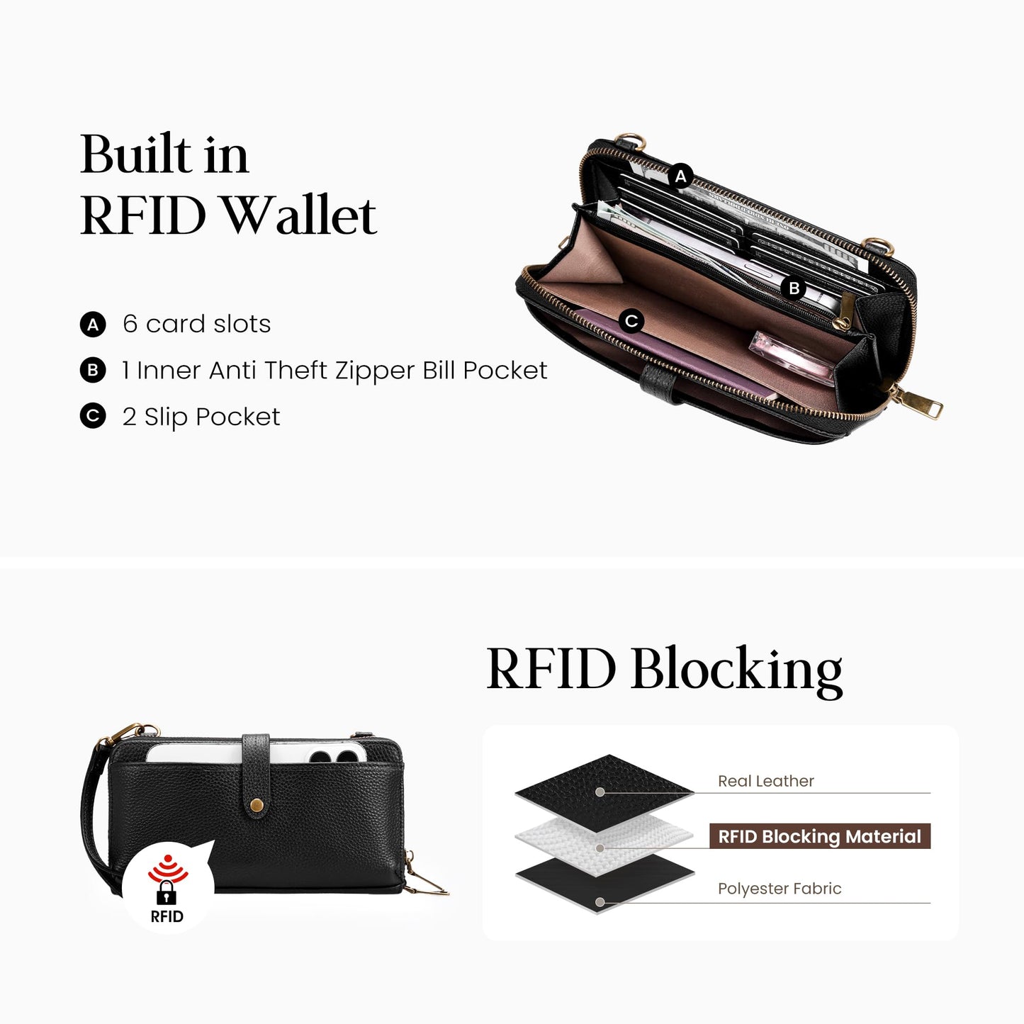 befen Genuine Leather Wristlet Wallets for Women, Black Cell Phone Purse with Built in Wallet Soft Real Leather Crossbody Bag with RFID Blocking Travel Small Cluth Purse with Wrist and Crossbody Strap