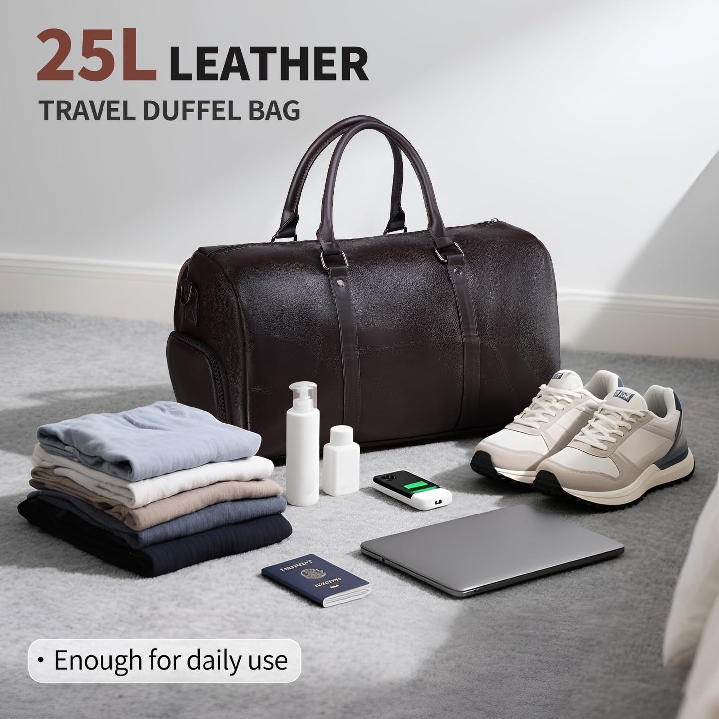 SUIKIHUM Leather Travel Duffle Bag for Men Women, Stylish Water-Repellent Overnight Bag W/Shoe Pouch for Business Sport Gym, Brown