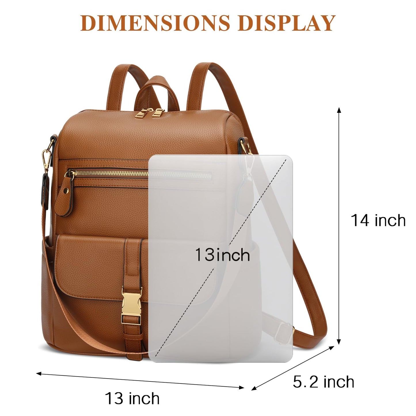 KKXIU Backpack Purse for Women - Multi-pocket Leather backpack for Travel, Work & School with Anti-Theft Lock Pocket, Luggage Strap & Water Bottle Pockets - 13x14x5.2 Inch, 1.67lb (Brown)